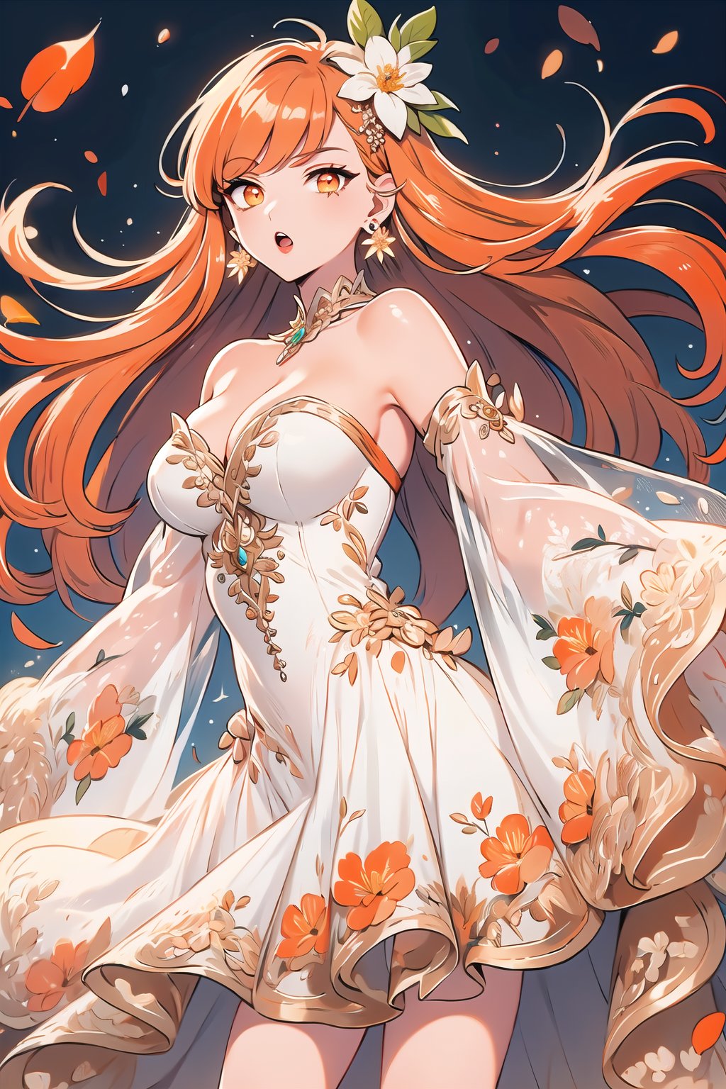 (Masterpiece,  best quality),  top quality,  digital illustration,  (8k),  insanely detailed,  retro artstyle,  traditioal media,  (fodress),  very long hair,  leaf print,  see-through sleeves,  (hair ornament:1.2),  , (tenma),  detatched sleeves,  short dress,  lipstick,  bangle,  (orange  hair:1.1),  orange eyes,  (leaning back,  crossed arms),  serious,  cool, + ;o,  (jewelry,  earrings),  (evening gown),  strapless dress,  glitter,  shimmer,  (floral print:1.1),  (perfect female figure:1.1),  mature female,  (expressive,  dynamic scene:1.1),  wind lift,  long hair,  glowing,  1girl,  see-through,  (detailed face,  detailed eyes:1.2),  looking at viewer,  (deep depth of field:1.2),  sharp focus,  dyamic osture,  dancing,  cowboy shot,  (intricate details:1.2),  leg lift,  one leg up,  standing,  dynamic,  graphite (medium,  gradient dress,  beautiful,  stylish,  white trim,  cleavage,  large breasts,  (extremely detailed),  (orange and white theme:1.3),  volumetric lighting,  FFIXBG, yuzu, cartoon, <lora:EMS-50984-EMS:0.700000>, , <lora:EMS-29977-EMS:0.200000>, , <lora:EMS-7851-EMS:0.400000>, , <lora:EMS-29828-EMS:0.500000>, , <lora:EMS-40810-EMS:0.300000>