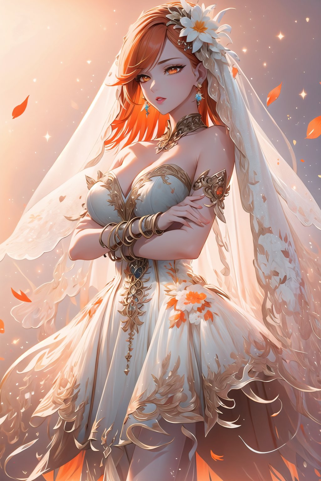 (Masterpiece,  best quality),  top quality,  digital illustration,  (8k),  insanely detailed,  (fodress),  very long hair,  leaf print,  veil,  (hair ornament:1.2),  , (tenma),  detatched sleeves,  short dress,  lipstick,  bangle,  (orange  hair:1.1),  orange eyes,  (leaning back,  crossed arms),  serious,  cool, + ;o,  (jewelry,  earrings),  (evening gown),  strapless dress,  glitter,  shimmer,  (floral print:1.1),  (perfect female figure:1.1),  mature female,  half-closed eyes,  (expressive,  dynamic scene:1.1),  wind lift,  long hair,  glowing,  1girl,  see-through,  (detailed face,  detailed eyes:1.2),  looking at viewer,  (deep depth of field:1.2),  sharp focus,  dyamic osture,  dancing,  cowboy shot,  (intricate details:1.2),  leg lift,  one leg up,  standing,  dynamic,  graphite (medium,  gradient dress,  beautiful,  stylish,  white trim,  cleavage,  large breasts,  (extremely detailed),  (orange and white theme:1.3),  volumetric lighting,  FFIXBG, yuzu, <lora:EMS-50984-EMS:0.800000>, , <lora:EMS-29977-EMS:0.200000>, , <lora:EMS-7851-EMS:0.400000>, , <lora:EMS-27757-EMS:0.400000>, , <lora:EMS-29828-EMS:0.600000>