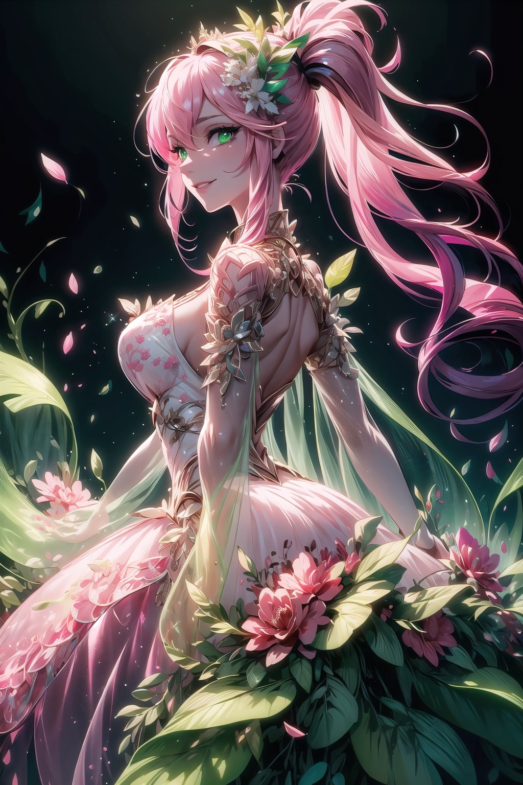 (Masterpiece,  best quality),  top quality,  digital illustration,  (8k),  mad god,  insanely detailed,  (fodress),  (low ponytail,  long hair:1.4),  ,  (see-through dress),  leaf,  veil,  (hair ornament:1.2),  iridescet,  pink dress,  hyperrealistic,  film grain,  detatched sleeves,  dress,  (pink hair:1.1),  (evening gown),  glitter,  shimmer,  (floral print:1.1),  (perfect female figure:1.1),  mature female,  very long hair,  glowing,  1girl,  see-through,  smile,  (detailed face,  detailed eyes:1.2),  looking at viewer,  (deep depth of field:1.2),  sharp focus,  dyamic osture,  dancing,  cowboy shot,  (intricate details:1.2),  dynamic,  graphite (medium,  gradient dress,  (pink and green theme:1.2),  black trim,  beautiful,  stylish,  white trim,  (extremely detailed),  volumetric lighting,  yuzu, coralinefilm, stop motion, <lora:EMS-29977-EMS:0.200000>, , <lora:EMS-7851-EMS:0.400000>, , <lora:EMS-30949-EMS:0.200000>, , <lora:EMS-50984-EMS:0.700000>