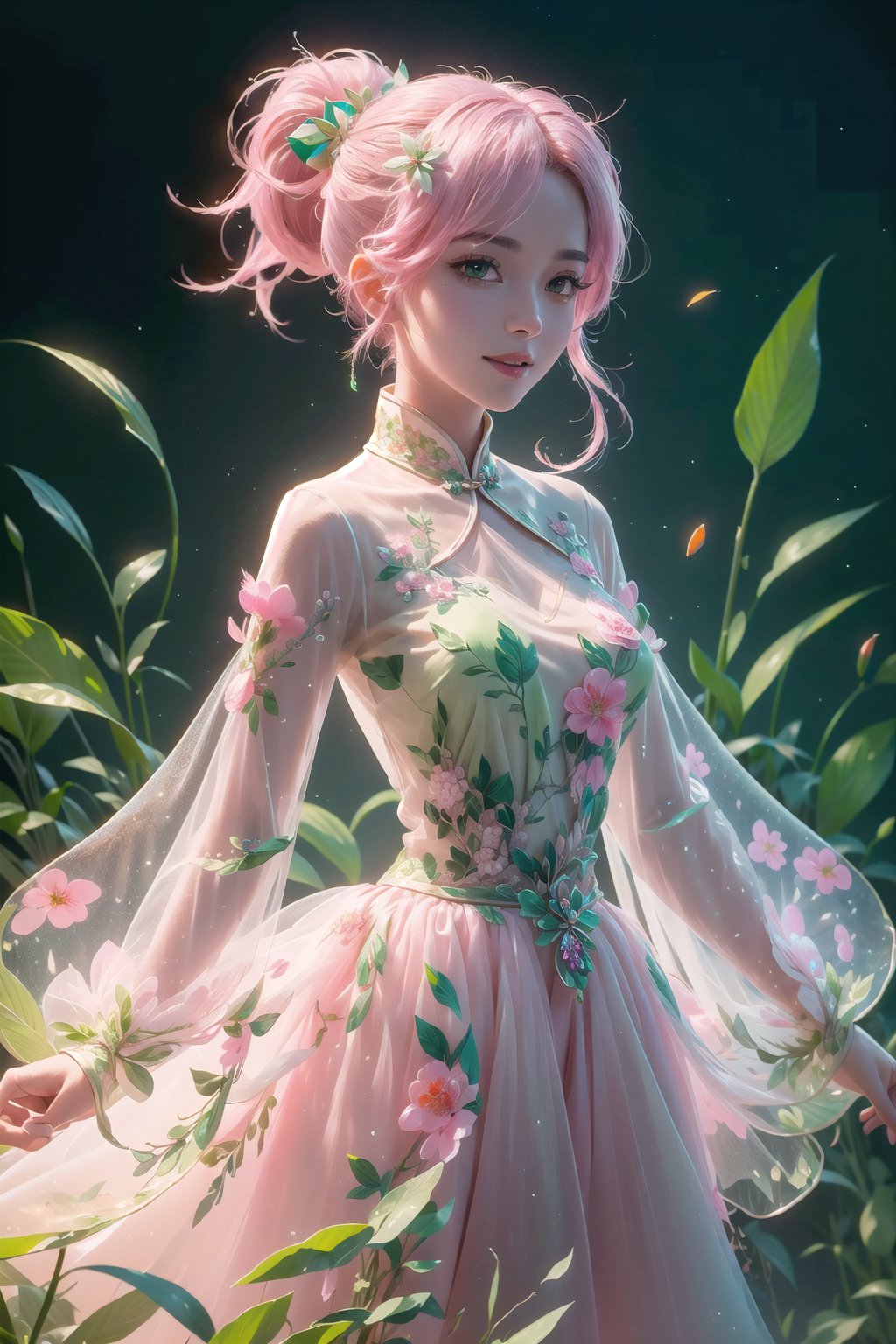 (Masterpiece,  best quality),  top quality,  digital illustration,  (8k),  mad god,  insanely detailed,  (fodress),  (low ponytail,  long hair:1.4),  ,  (see-through dress),  leaf,  veil,  (hair ornament:1.2),  iridescet,  pink dress,  hyperrealistic,  film grain,  detatched sleeves,  dress,  (pink hair:1.1),  (chinese clothes,  mandarin collarr:1.2),  long sleeves,  wide sleeves,  glitter,  shimmer,  (floral print:1.1),  (perfect female figure:1.1),  mature female,  very long hair,  glowing,  1girl,  see-through,  smile,  (detailed face,  detailed eyes:1.2),  looking at viewer,  (deep depth of field:1.2),  sharp focus,  dyamic osture,  dancing,  cowboy shot,  (intricate details:1.2),  dynamic,  graphite (medium,  gradient dress,  (pink and green theme:1.2),  black trim,  beautiful,  stylish,  white trim,  (extremely detailed),  volumetric lighting,  yuzu, coralinefilm, stop motion, <lora:EMS-29977-EMS:0.200000>, , <lora:EMS-7851-EMS:0.400000>, , <lora:EMS-30949-EMS:0.200000>, , <lora:EMS-50984-EMS:0.700000>