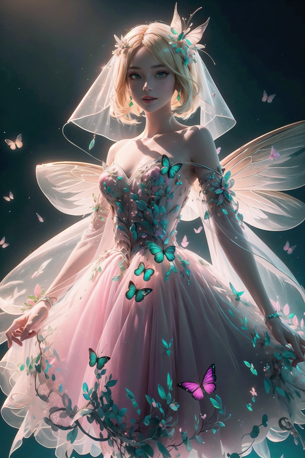 (Masterpiece,  best quality),  top quality,  digital illustration,  (8k),  insanely detailed,  (fodress),  goldilocks hair,  (see-through dress),  leaf,  veil,  (hair ornament:1.2),  iridescet,  pink dress,  hyperrealistic,  film grain,  detatched sleeves,  short dress,  (blonde hair:1.1),  (evening gown),  butterfly wings,  transparent wings,  strapless dress,  glitter,  shimmer,  (floral print:1.1),  (perfect female figure:1.1),  mature female,  very long hair,  glowing,  1girl,  see-through,  smile,  (detailed face,  detailed eyes:1.2),  looking at viewer,  (deep depth of field:1.2),  sharp focus,  dyamic osture,  dancing,  cowboy shot,  (intricate details:1.2),  dynamic,  graphite (medium,  gradient dress,  (pink and green theme:1.2),  black trim,  beautiful,  stylish,  white trim,  (extremely detailed),  volumetric lighting,  yuzu, FFIXBG, coralinefilm, stop motion, <lora:EMS-30949-EMS:0.400000>, , <lora:EMS-50984-EMS:0.700000>, , <lora:EMS-29977-EMS:0.200000>, , <lora:EMS-7851-EMS:0.400000>, , <lora:EMS-27757-EMS:0.400000>