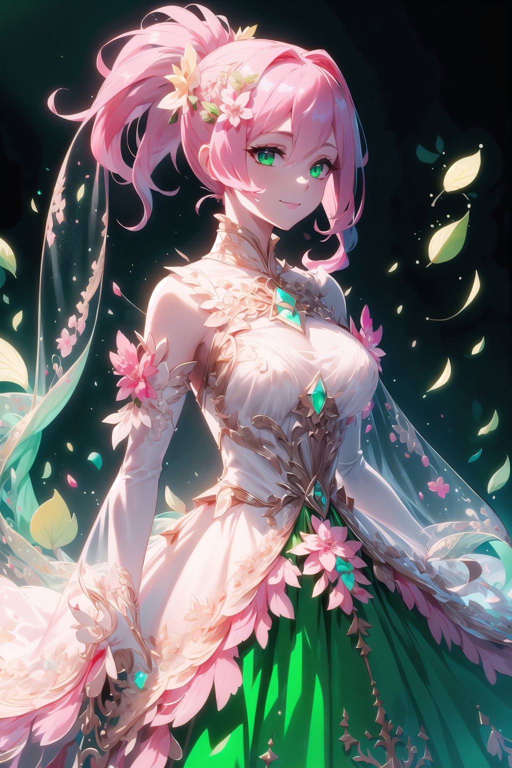 (Masterpiece,  best quality),  top quality,  digital illustration,  (8k),  mad god,  insanely detailed,  (fodress),  (low ponytail,  long hair:1.4),  ,  (see-through dress),  leaf,  veil,  (hair ornament:1.2),  iridescet,  pink dress,  hyperrealistic,  film grain,  detatched sleeves,  dress,  (pink hair:1.1),  (evening gown),  glitter,  shimmer,  (floral print:1.1),  (perfect female figure:1.1),  mature female,  very long hair,  glowing,  1girl,  see-through,  smile,  (detailed face,  detailed eyes:1.2),  looking at viewer,  (deep depth of field:1.2),  sharp focus,  dyamic osture,  dancing,  cowboy shot,  (intricate details:1.2),  dynamic,  graphite (medium,  gradient dress,  (pink and green theme:1.2),  black trim,  beautiful,  stylish,  white trim,  (extremely detailed),  volumetric lighting,  yuzu, coralinefilm, stop motion, <lora:EMS-7851-EMS:0.400000>, , <lora:EMS-30949-EMS:0.200000>, , <lora:EMS-50984-EMS:0.700000>, , <lora:EMS-29977-EMS:0.200000>