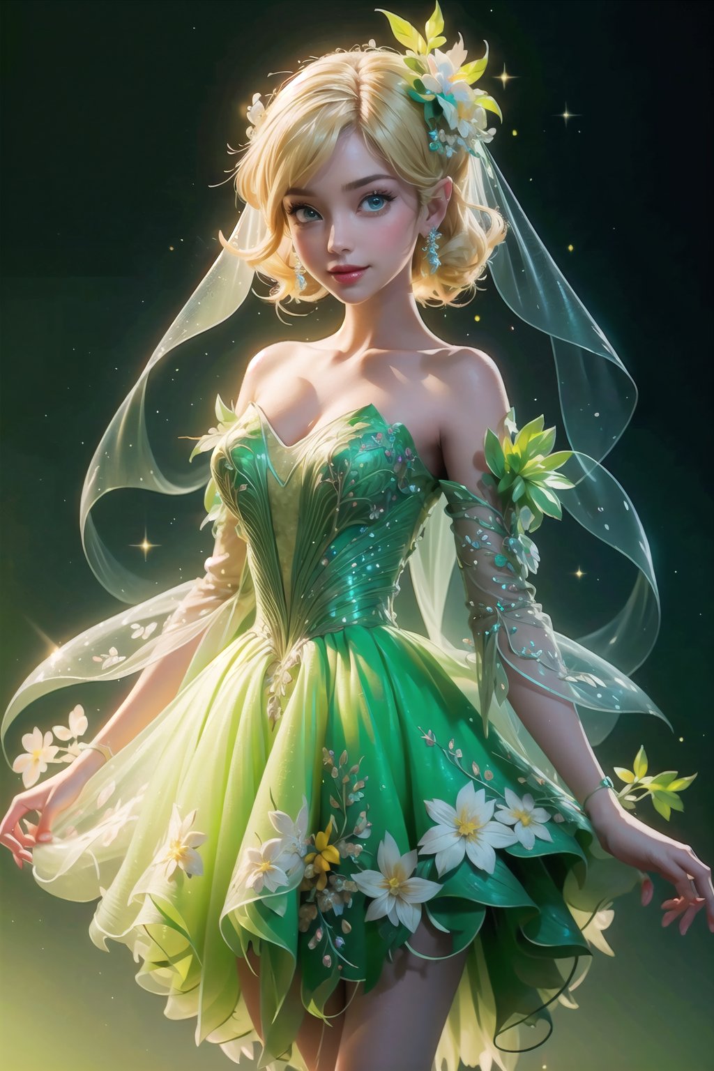 (Masterpiece,  best quality),  top quality,  digital illustration,  (8k),  insanely detailed,  (fodress),  goldilocks hair,  leaf,  veil,  (hair ornament:1.2),  iridescet,  hyperrealistic,  film grain,  detatched sleeves,  short dress,  (blonde hair:1.1),  (evening gown),  strapless dress,  glitter,  shimmer,  (floral print:1.1),  (perfect female figure:1.1),  mature female,  very long hair,  glowing,  1girl,  see-through,  smile,  (detailed face,  detailed eyes:1.2),  looking at viewer,  (deep depth of field:1.2),  sharp focus,  dyamic osture,  dancing,  cowboy shot,  (intricate details:1.2),  dynamic,  graphite (medium,  gradient dress,  (green and yellow theme:1.2),  beautiful,  stylish,  white trim,  (extremely detailed),  volumetric lighting,  yuzu, FFIXBG, TinkerWaifu, <lora:EMS-50984-EMS:0.700000>, , <lora:EMS-29977-EMS:0.200000>, , <lora:EMS-7851-EMS:0.400000>, , <lora:EMS-27757-EMS:0.400000>, , <lora:EMS-5804-EMS:0.600000>