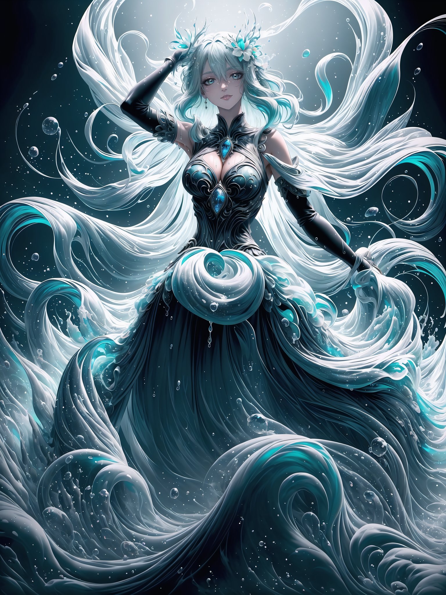 (Masterpiece,  Best Quality),  insaneres,  (8k resolution),  stylish,  (fantasy:1.1),  graphite (medium),  large breasts,  water droplets,  caustics,  liquid dress,  glowing,  bloom,  wind lift,  (ultra-detailed portrait),  (cowboy shot:1.2),  focus face,  small details,  motion blur,  fodress,  mermaid dress,  (flowing dress:1.2),  see-through,  (official alternate hairstyle,  embroidery,  (highly detailed:1.2),  (very long hair,  wavy hair:1.1),  ocean hair,  (water:1.2),  gown,  (wave print),  floral print,  reflective eyes,  sapphire eyes,  (hair between eyes,  bangs:1.1),  glowing eyes,  black pupil,  splashing,  wind lift,  turning,  (detailed face,  detailed eyes:1.2),  (aqua dress),  perfect female aqua hair,  two-tone hair,  white hair,  (bubble,  iridescent:1.2),  refraction,  swirling hair,  swirl,  figure,  hourglass figure,  thick waist,  wide hips,  contrapposto,  blue sky,  (cloud:1.3),  (intricate details:1.2),  upper bodlight smile,  (floatig hair:1.1),  (looking at viewer),  expressive,  lively,  glitter, glossy,  sparkle,  blue and white theme:1.3),  (deep depth of field),  sharp focus,  (shiny:1.3),  (casting spell),  arms up,  nail polish,  detached sleeves,  white gloves,  arcane,  backlighting,  magical,  highlights,  (one leg up:1.1),  arched_back,  leaning back,  looking up,  (floating:1.1),  magic,  dreamy,  white trim,  shadow,  (dramatic lighting:1.2),  (mature female:1.2),  seductive pose,  cleavage,  aged up,  (Adult), see-through sleeves,  shawl,  dramatic scene,  (cinematic:1.1),  volumetric lighting,  sunny,  day,  outdoors,  surreal,  ffxivbg,  (rdial blur:0.3),  8k,  hyper detailed,  (extremely detailed:1.2),  ocean,  (details),  hyperrealistic,  film grain,  glisten,  glimmer,  colorful,  (vivid),  deep and rich colors,  (dynamic:1.2),  vibrant,  (soaked,  wet:1.2),  splash,  soft lighting,  soft makeup,  white hair,  (extremely detailed facial features),  shimmer,  jewels,  gradient dress,  white dress,  (perfect lighting and composition:1.1) , fiber optic dress,  dress made of water,  jewelry,  (hair ornament:1.1),  dress made of liquid,  (floating particles), WaterAI, , Rayearth,  (bokeh), fodress, <lora:EMS-50984-EMS:0.700000>, , <lora:EMS-48308-EMS:0.500000>, , <lora:EMS-11190-EMS:0.300000>, , <lora:EMS-7851-EMS:0.300000>, , <lora:EMS-28489-EMS:0.300000>