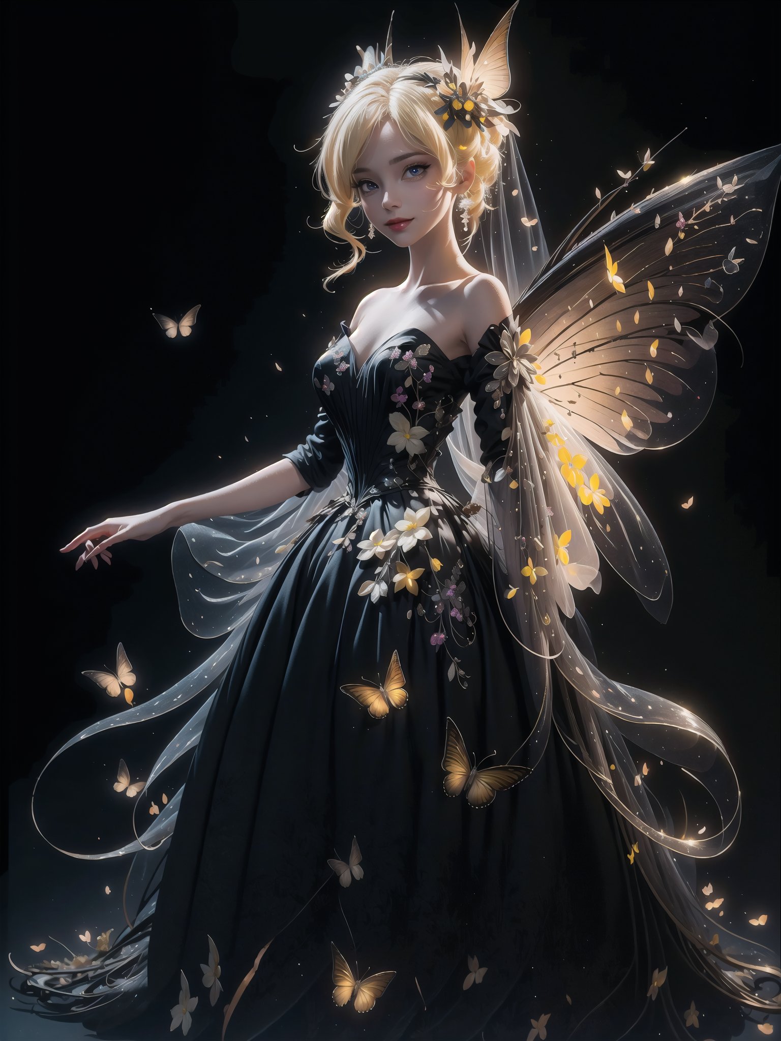 (Masterpiece,  best quality),  top quality,  digital illustration,  (8k),  insanely detailed,  (fodress),  goldilocks hair,  leaf,  veil,  (hair ornament:1.2),  iridescet,  hyperrealistic,  film grain,  detatched sleeves,  short dress,  (blonde hair:1.1),  (evening gown),  butterfly wings,  transparent wings,  strapless dress,  glitter,  shimmer,  (floral print:1.1),  (perfect female figure:1.1),  mature female,  very long hair,  glowing,  1girl,  see-through,  smile,  (detailed face,  detailed eyes:1.2),  looking at viewer,  (deep depth of field:1.2),  sharp focus,  dyamic osture,  dancing,  cowboy shot,  (intricate details:1.2),  dynamic,  graphite (medium,  gradient dress,  (yellow and black theme:1.2),  black trim,  beautiful,  stylish,  white trim,  (extremely detailed),  volumetric lighting,  yuzu, FFIXBG, TinkerWaifu, <lora:EMS-50984-EMS:0.800000>, , <lora:EMS-29977-EMS:0.200000>, , <lora:EMS-7851-EMS:0.400000>, , <lora:EMS-27757-EMS:0.400000>, , <lora:EMS-5804-EMS:0.600000>