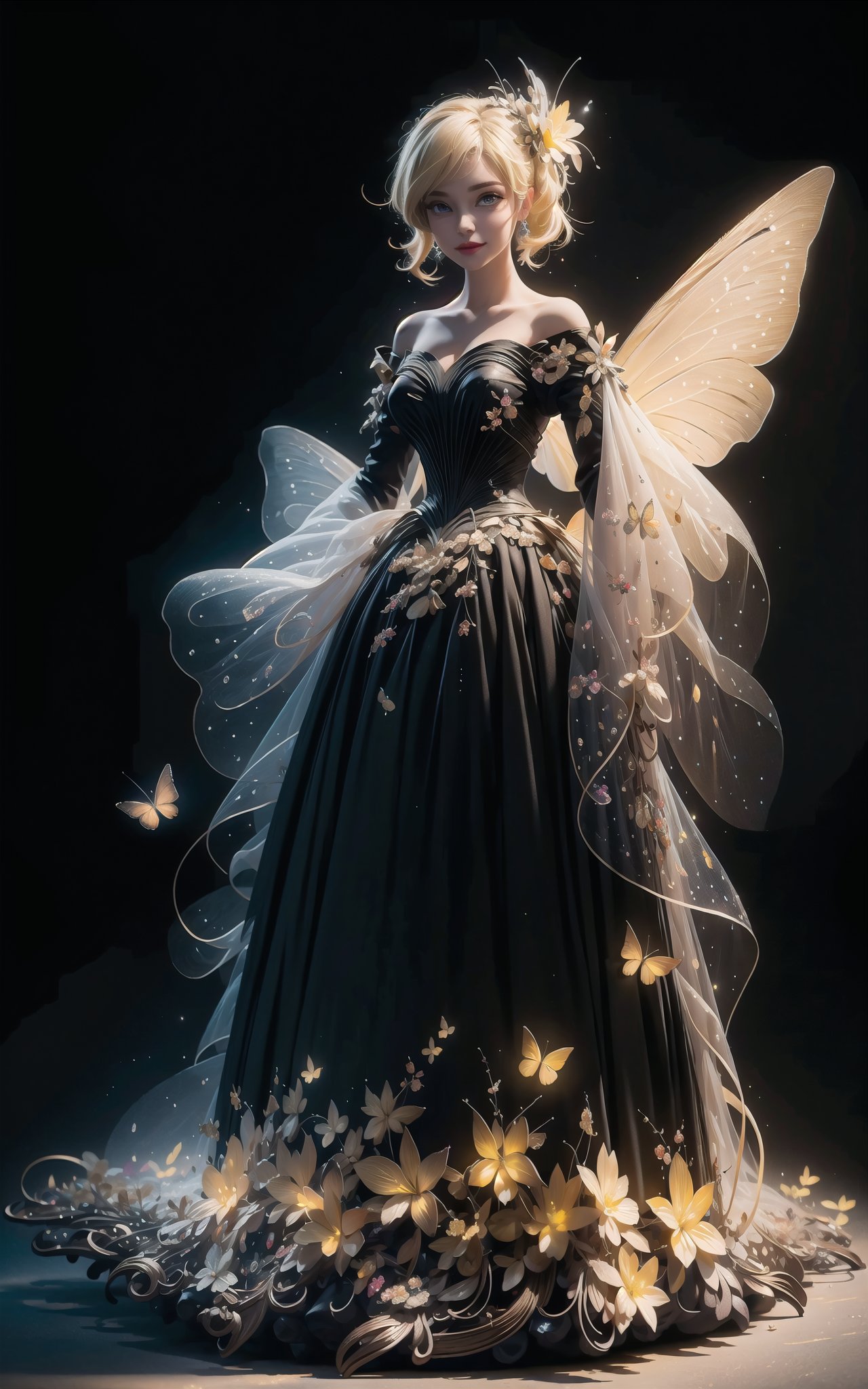 (Masterpiece,  best quality),  top quality,  digital illustration,  (8k),  insanely detailed,  (fodress),  goldilocks hair,  leaf,  veil,  (hair ornament:1.2),  iridescet,  hyperrealistic,  film grain,  detatched sleeves,  short dress,  (blonde hair:1.1),  (evening gown),  butterfly wings,  transparent wings,  strapless dress,  glitter,  shimmer,  (floral print:1.1),  (perfect female figure:1.1),  mature female,  very long hair,  glowing,  1girl,  see-through,  smile,  (detailed face,  detailed eyes:1.2),  looking at viewer,  (deep depth of field:1.2),  sharp focus,  dyamic osture,  dancing,  cowboy shot,  (intricate details:1.2),  dynamic,  graphite (medium,  gradient dress,  (yellow and black theme:1.2),  black trim,  beautiful,  stylish,  white trim,  (extremely detailed),  volumetric lighting,  yuzu, FFIXBG, TinkerWaifu, <lora:EMS-29977-EMS:0.200000>, , <lora:EMS-7851-EMS:0.400000>, , <lora:EMS-27757-EMS:0.400000>, , <lora:EMS-5804-EMS:0.600000>, , <lora:EMS-50984-EMS:0.800000>