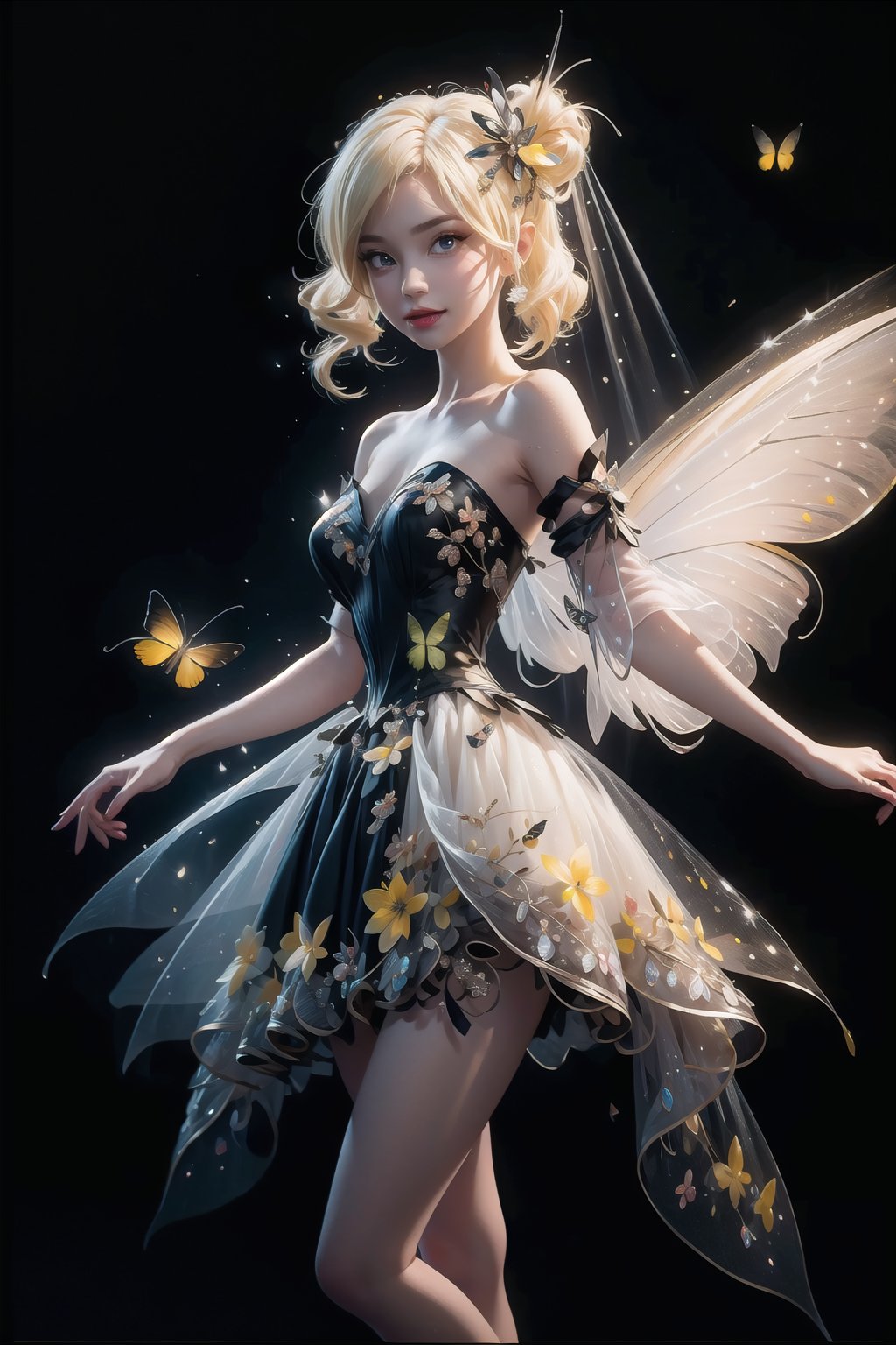 (Masterpiece,  best quality),  top quality,  digital illustration,  (8k),  insanely detailed,  (fodress),  goldilocks hair,  leaf,  veil,  (hair ornament:1.2),  iridescet,  hyperrealistic,  film grain,  detatched sleeves,  short dress,  (blonde hair:1.1),  (evening gown),  butterfly wings,  transparent wings,  strapless dress,  glitter,  shimmer,  (floral print:1.1),  (perfect female figure:1.1),  mature female,  very long hair,  glowing,  1girl,  see-through,  smile,  (detailed face,  detailed eyes:1.2),  looking at viewer,  (deep depth of field:1.2),  sharp focus,  dyamic osture,  dancing,  cowboy shot,  (intricate details:1.2),  dynamic,  graphite (medium,  gradient dress,  (yellow and black theme:1.2),  black trim,  beautiful,  stylish,  white trim,  (extremely detailed),  volumetric lighting,  yuzu, FFIXBG, TinkerWaifu, <lora:EMS-27757-EMS:0.400000>, , <lora:EMS-5804-EMS:0.600000>, , <lora:EMS-50984-EMS:0.700000>, , <lora:EMS-29977-EMS:0.200000>, , <lora:EMS-7851-EMS:0.400000>