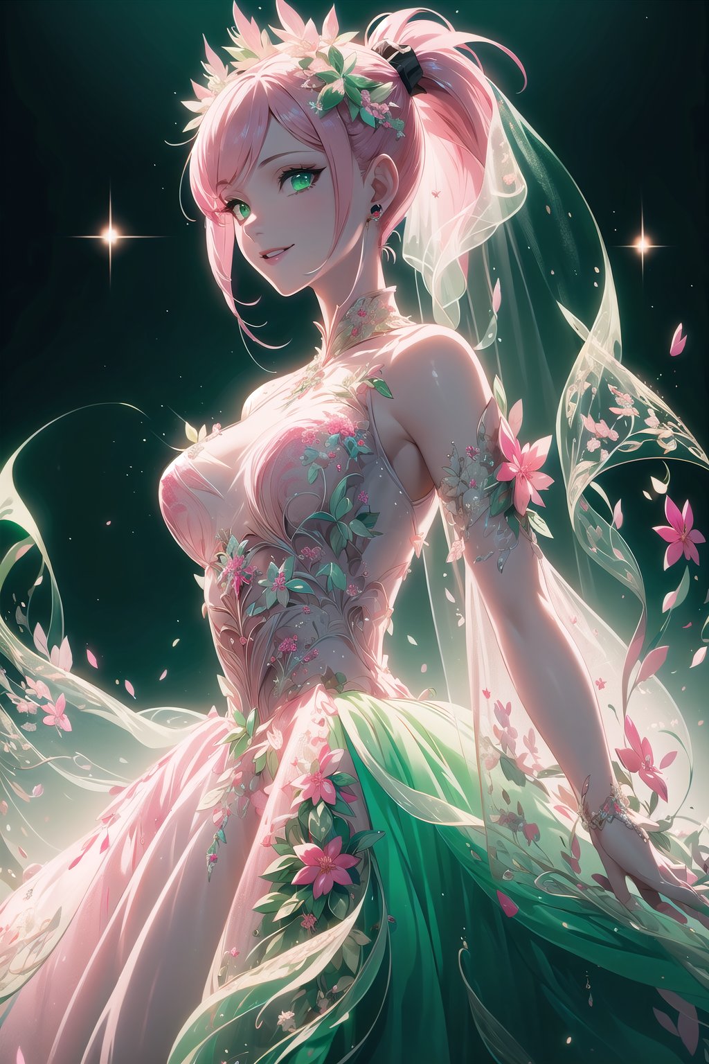 (Masterpiece,  best quality),  top quality,  digital illustration,  (8k),  mad god,  insanely detailed,  (fodress),  (low ponytail,  long hair:1.4),  ,  (see-through dress),  leaf,  veil,  (hair ornament:1.2),  iridescet,  pink dress,  hyperrealistic,  film grain,  detatched sleeves,  dress,  (pink hair:1.1),  (evening gown),  glitter,  shimmer,  (floral print:1.1),  (perfect female figure:1.1),  mature female,  very long hair,  glowing,  1girl,  see-through,  smile,  (detailed face,  detailed eyes:1.2),  looking at viewer,  (deep depth of field:1.2),  sharp focus,  dyamic osture,  dancing,  cowboy shot,  (intricate details:1.2),  dynamic,  graphite (medium,  gradient dress,  (pink and green theme:1.2),  black trim,  beautiful,  stylish,  white trim,  (extremely detailed),  volumetric lighting,  yuzu, coralinefilm, stop motion, <lora:EMS-50984-EMS:0.700000>, , <lora:EMS-29977-EMS:0.200000>, , <lora:EMS-7851-EMS:0.400000>, , <lora:EMS-30949-EMS:0.200000>