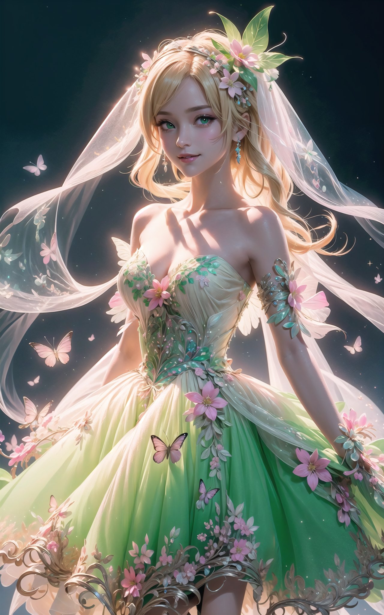 (Masterpiece,  best quality),  top quality,  digital illustration,  (8k),  insanely detailed,  (fodress),  goldilocks hair,  leaf,  veil,  (hair ornament:1.2),  iridescet,  hyperrealistic,  film grain,  detatched sleeves,  short dress,  (blonde hair:1.1),  (evening gown),  butterfly wings,  transparent wings,  strapless dress,  glitter,  shimmer,  (floral print:1.1),  (perfect female figure:1.1),  mature female,  very long hair,  glowing,  1girl,  see-through,  smile,  (detailed face,  detailed eyes:1.2),  looking at viewer,  (deep depth of field:1.2),  sharp focus,  dyamic osture,  dancing,  cowboy shot,  (intricate details:1.2),  dynamic,  graphite (medium,  gradient dress,  (pink and green theme:1.2),  black trim,  beautiful,  stylish,  white trim,  (extremely detailed),  volumetric lighting,  yuzu, FFIXBG, TinkerWaifu, <lora:EMS-50984-EMS:0.700000>, , <lora:EMS-29977-EMS:0.200000>, , <lora:EMS-7851-EMS:0.400000>, , <lora:EMS-27757-EMS:0.400000>