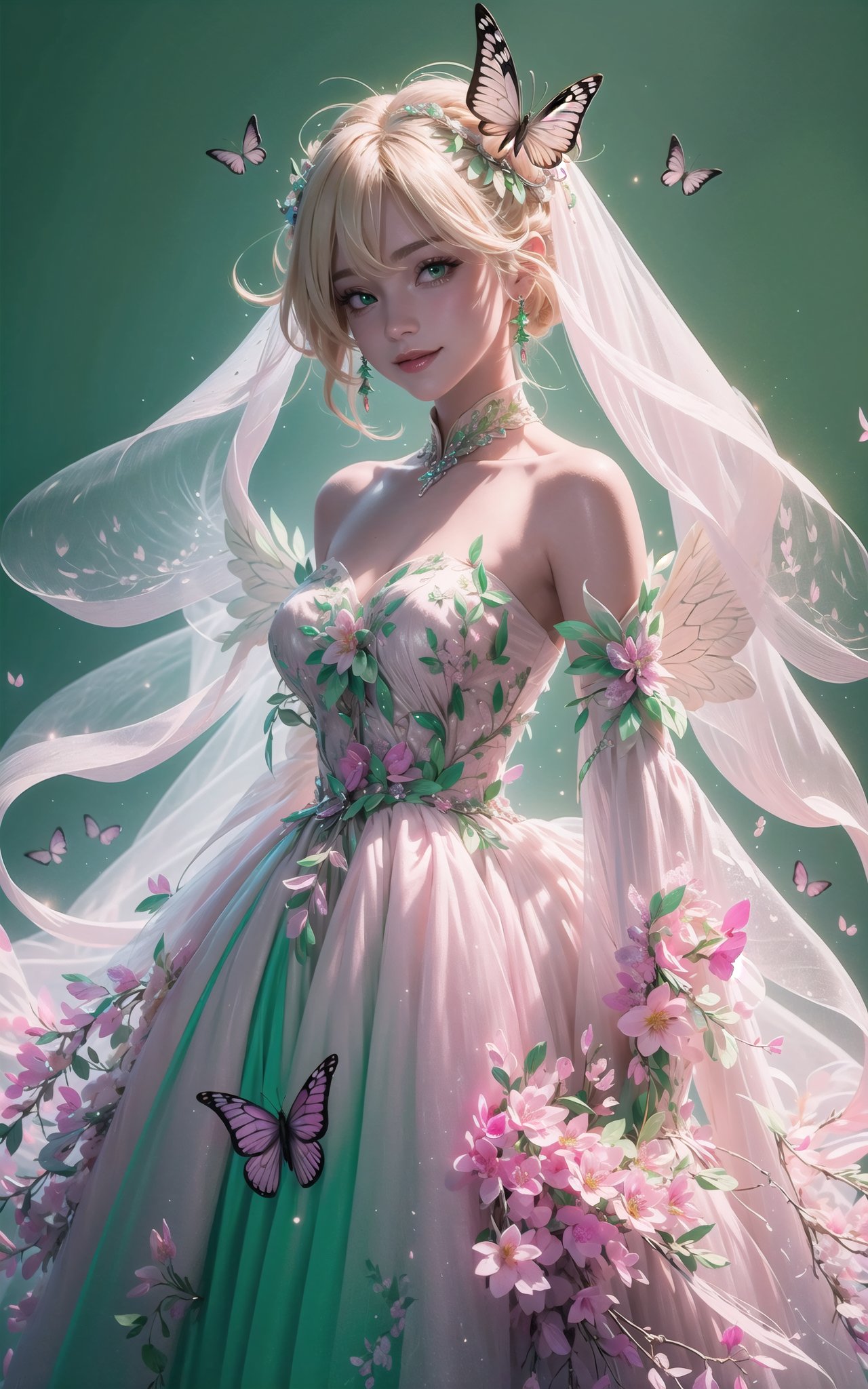 (Masterpiece,  best quality),  top quality,  digital illustration,  (8k),  insanely detailed,  (fodress),  goldilocks hair,  leaf,  veil,  (hair ornament:1.2),  iridescet,  pink dress,  hyperrealistic,  film grain,  detatched sleeves,  short dress,  (blonde hair:1.1),  (evening gown),  butterfly wings,  transparent wings,  strapless dress,  glitter,  shimmer,  (floral print:1.1),  (perfect female figure:1.1),  mature female,  very long hair,  glowing,  1girl,  see-through,  smile,  (detailed face,  detailed eyes:1.2),  looking at viewer,  (deep depth of field:1.2),  sharp focus,  dyamic osture,  dancing,  cowboy shot,  (intricate details:1.2),  dynamic,  graphite (medium,  gradient dress,  (pink and green theme:1.2),  black trim,  beautiful,  stylish,  white trim,  (extremely detailed),  volumetric lighting,  yuzu, FFIXBG, <lora:EMS-50984-EMS:0.700000>, , <lora:EMS-29977-EMS:0.200000>, , <lora:EMS-7851-EMS:0.400000>, , <lora:EMS-27757-EMS:0.400000>