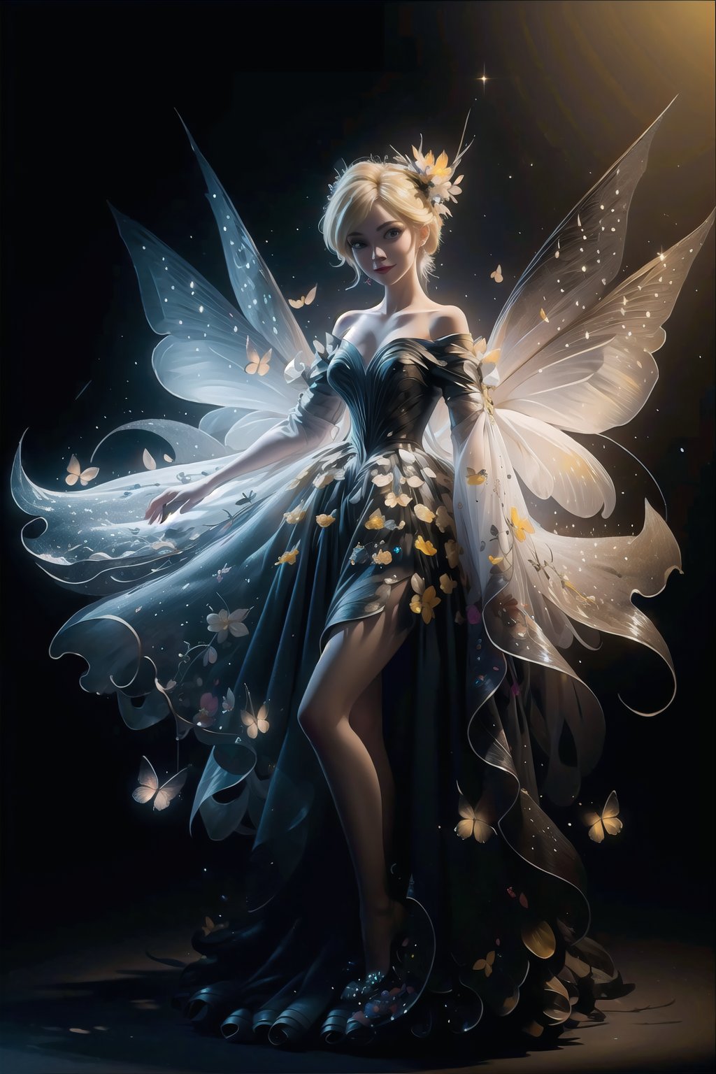 (Masterpiece,  best quality),  top quality,  digital illustration,  (8k),  insanely detailed,  (fodress),  goldilocks hair,  leaf,  veil,  (hair ornament:1.2),  iridescet,  hyperrealistic,  film grain,  detatched sleeves,  short dress,  (blonde hair:1.1),  (evening gown),  butterfly wings,  transparent wings,  strapless dress,  glitter,  shimmer,  (floral print:1.1),  (perfect female figure:1.1),  mature female,  very long hair,  glowing,  1girl,  see-through,  smile,  (detailed face,  detailed eyes:1.2),  looking at viewer,  (deep depth of field:1.2),  sharp focus,  dyamic osture,  dancing,  cowboy shot,  (intricate details:1.2),  dynamic,  graphite (medium,  gradient dress,  (yellow and black theme:1.2),  black trim,  beautiful,  stylish,  white trim,  (extremely detailed),  volumetric lighting,  yuzu, FFIXBG, TinkerWaifu, <lora:EMS-29977-EMS:0.200000>, , <lora:EMS-7851-EMS:0.400000>, , <lora:EMS-27757-EMS:0.400000>, , <lora:EMS-5804-EMS:0.600000>, , <lora:EMS-50984-EMS:0.900000>