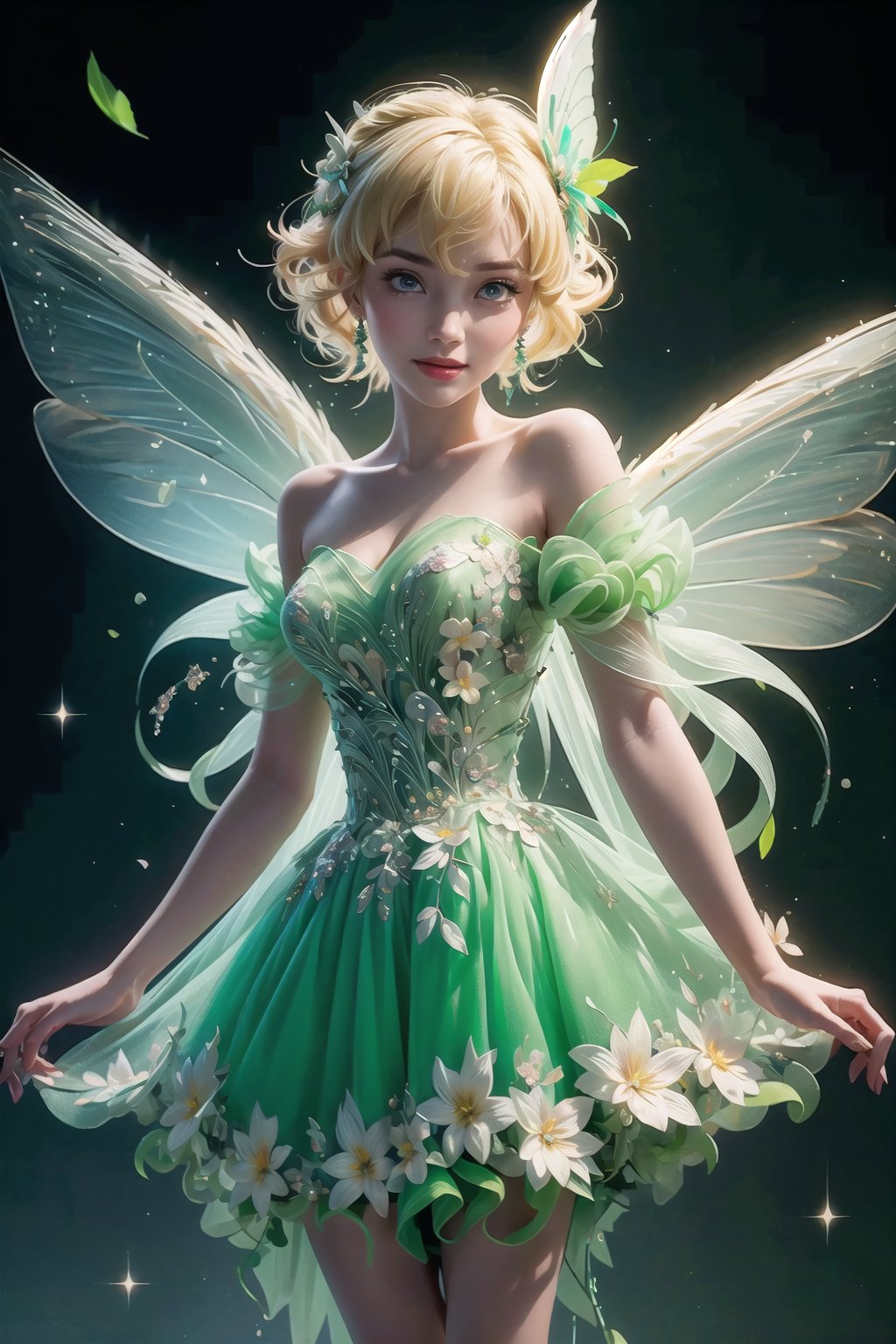 (Masterpiece,  best quality),  top quality,  digital illustration,  (8k),  insanely detailed,  (fodress),  goldilocks hair,  leaf,  veil,  (hair ornament:1.2),  iridescet,  hyperrealistic,  film grain,  detatched sleeves,  short dress,  (blonde hair:1.1),  (evening gown),  butterfly wings,  transparent wings,  strapless dress,  glitter,  shimmer,  (floral print:1.1),  (perfect female figure:1.1),  mature female,  very long hair,  glowing,  1girl,  see-through,  smile,  (detailed face,  detailed eyes:1.2),  looking at viewer,  (deep depth of field:1.2),  sharp focus,  dyamic osture,  dancing,  cowboy shot,  (intricate details:1.2),  dynamic,  graphite (medium,  gradient dress,  (green and yellow theme:1.2),  beautiful,  stylish,  white trim,  (extremely detailed),  volumetric lighting,  yuzu, FFIXBG, TinkerWaifu, <lora:EMS-50984-EMS:0.700000>, , <lora:EMS-29977-EMS:0.200000>, , <lora:EMS-7851-EMS:0.400000>, , <lora:EMS-27757-EMS:0.400000>, , <lora:EMS-5804-EMS:0.600000>