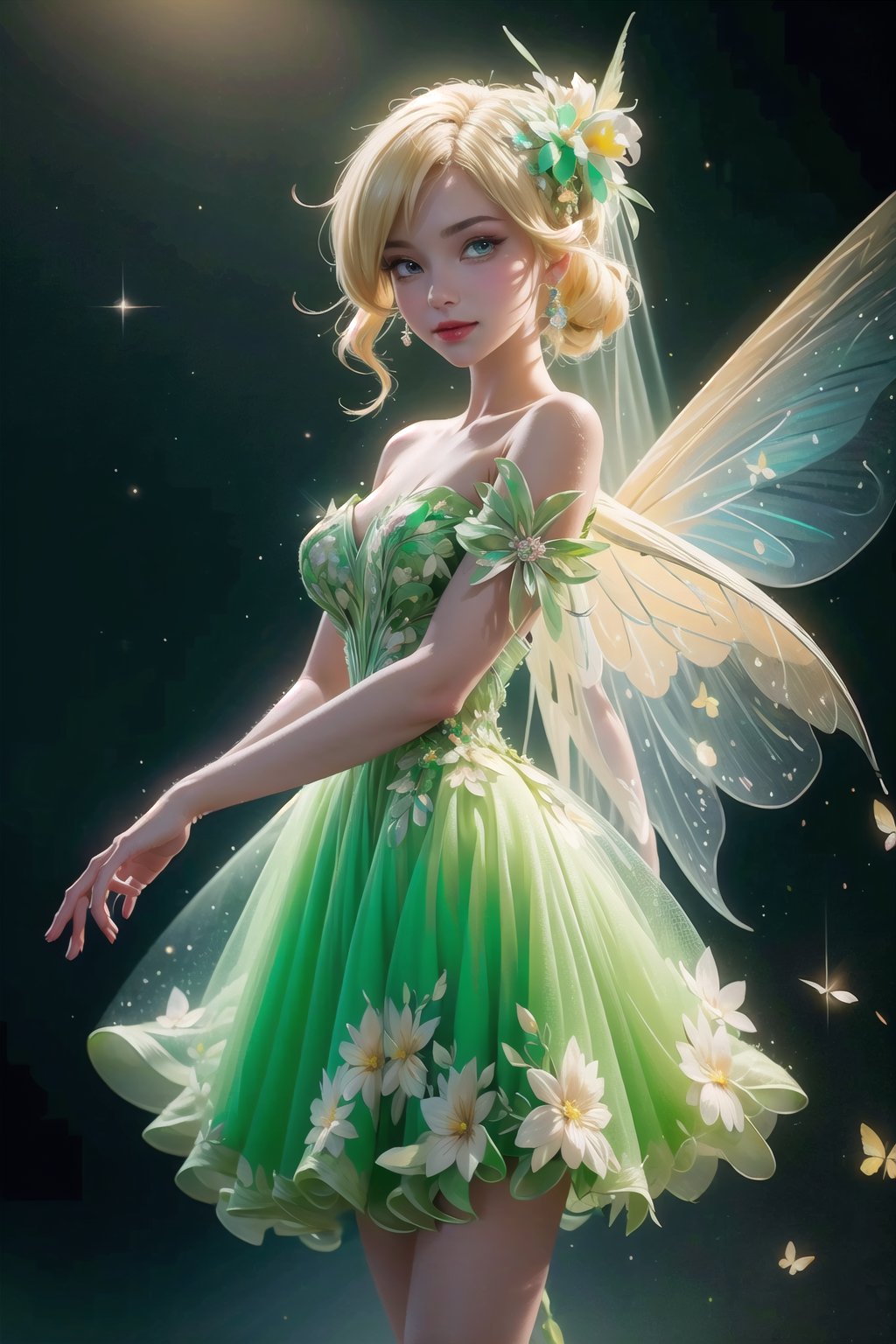 (Masterpiece,  best quality),  top quality,  digital illustration,  (8k),  insanely detailed,  (fodress),  goldilocks hair,  leaf,  veil,  (hair ornament:1.2),  iridescet,  hyperrealistic,  film grain,  detatched sleeves,  short dress,  (blonde hair:1.1),  (evening gown),  butterfly wings,  transparent wings,  strapless dress,  glitter,  shimmer,  (floral print:1.1),  (perfect female figure:1.1),  mature female,  very long hair,  glowing,  1girl,  see-through,  smile,  (detailed face,  detailed eyes:1.2),  looking at viewer,  (deep depth of field:1.2),  sharp focus,  dyamic osture,  dancing,  cowboy shot,  (intricate details:1.2),  dynamic,  graphite (medium,  gradient dress,  (green and yellow theme:1.2),  beautiful,  stylish,  white trim,  (extremely detailed),  volumetric lighting,  yuzu, FFIXBG, TinkerWaifu, <lora:EMS-50984-EMS:0.700000>, , <lora:EMS-29977-EMS:0.200000>, , <lora:EMS-7851-EMS:0.400000>, , <lora:EMS-27757-EMS:0.400000>, , <lora:EMS-5804-EMS:0.600000>