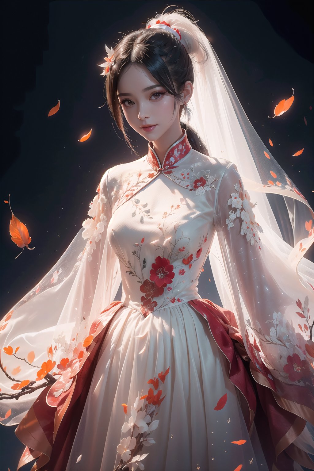 (Masterpiece,  best quality),  top quality,  digital illustration,  (8k),  mad god,  insanely detailed,  (fodress),  (low ponytail,  long hair:1.4),  ,  (see-through dress),  leaf,  veil,  (hair ornament:1.2),  iridescet,  red dress,  hyperrealistic,  film grain,  detatched sleeves,  dress,  (whitehair:1.1),  (chinese clothes,  mandarin collarr:1.2),  long sleeves,  wide sleeves,  glitter,  shimmer,  (floral print:1.1),  (perfect female figure:1.1),  mature female,  very long hair,  glowing,  1girl,  see-through,  smile,  (detailed face,  detailed eyes:1.2),  looking at viewer,  (deep depth of field:1.2),  sharp focus,  dyamic osture,  dancing,  cowboy shot,  (intricate details:1.2),  dynamic,  graphite (medium,  gradient dress,  (red and white theme:1.2),  black trim,  beautiful,  stylish,  white trim,  (extremely detailed),  volumetric lighting,  yuzu, coralinefilm, stop motion, <lora:EMS-50984-EMS:0.700000>, , <lora:EMS-29977-EMS:0.200000>, , <lora:EMS-7851-EMS:0.400000>, , <lora:EMS-30949-EMS:0.200000>