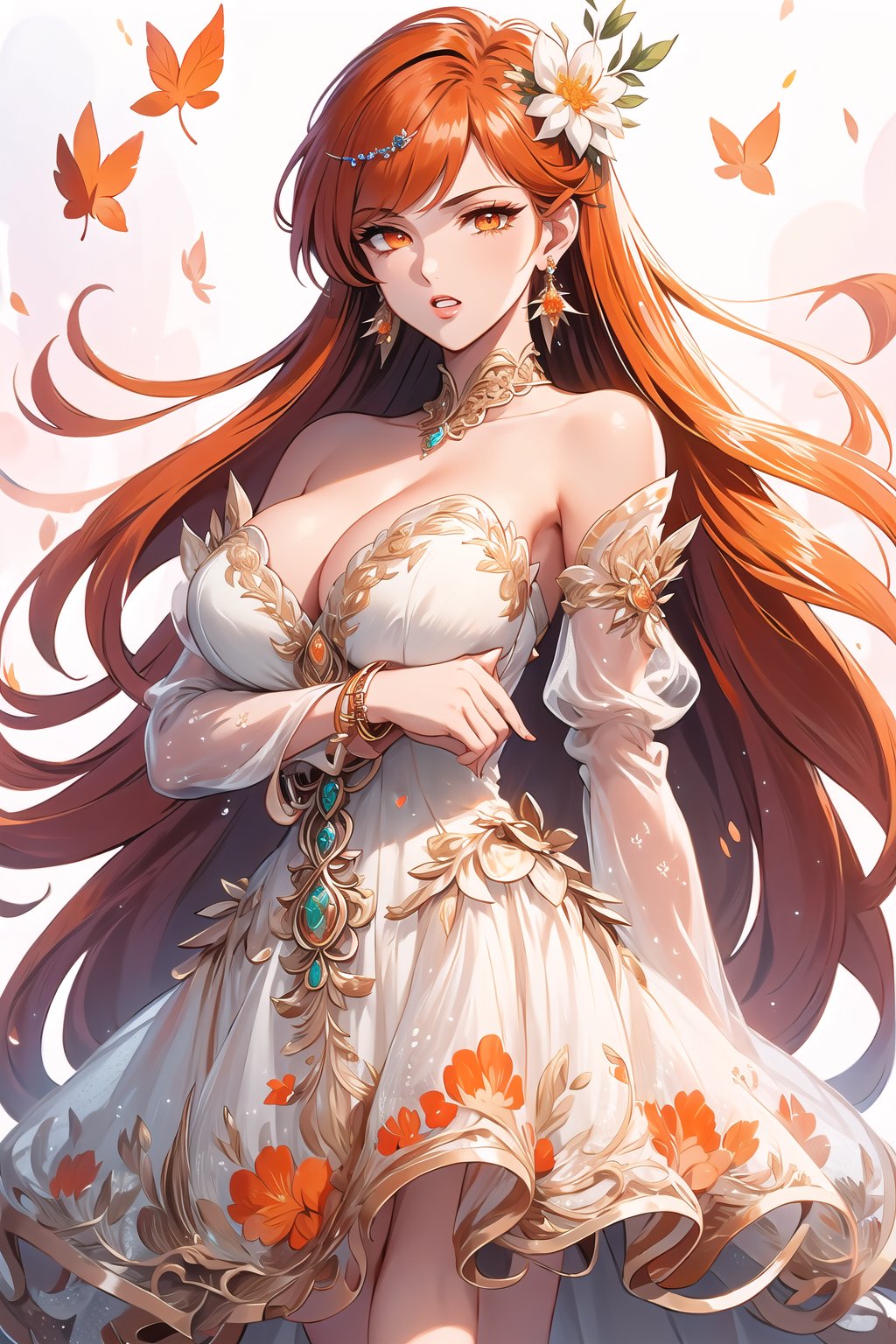 (Masterpiece,  best quality),  top quality,  digital illustration,  (8k),  insanely detailed,  retro artstyle,  traditioal media,  (fodress),  very long hair,  leaf print,  see-through sleeves,  (hair ornament:1.2),  , (tenma),  detatched sleeves,  short dress,  lipstick,  bangle,  (orange  hair:1.1),  orange eyes,  (leaning back,  crossed arms),  serious,  cool, + ;o,  (jewelry,  earrings),  (evening gown),  strapless dress,  glitter,  shimmer,  (floral print:1.1),  (perfect female figure:1.1),  mature female,  half-closed eyes,  (expressive,  dynamic scene:1.1),  wind lift,  long hair,  glowing,  1girl,  see-through,  (detailed face,  detailed eyes:1.2),  looking at viewer,  (deep depth of field:1.2),  sharp focus,  dyamic osture,  dancing,  cowboy shot,  (intricate details:1.2),  leg lift,  one leg up,  standing,  dynamic,  graphite (medium,  gradient dress,  beautiful,  stylish,  white trim,  cleavage,  large breasts,  (extremely detailed),  (orange and white theme:1.3),  volumetric lighting,  FFIXBG, yuzu, <lora:EMS-7851-EMS:0.400000>, , <lora:EMS-29828-EMS:0.500000>, , <lora:EMS-50984-EMS:0.700000>, , <lora:EMS-29977-EMS:0.200000>