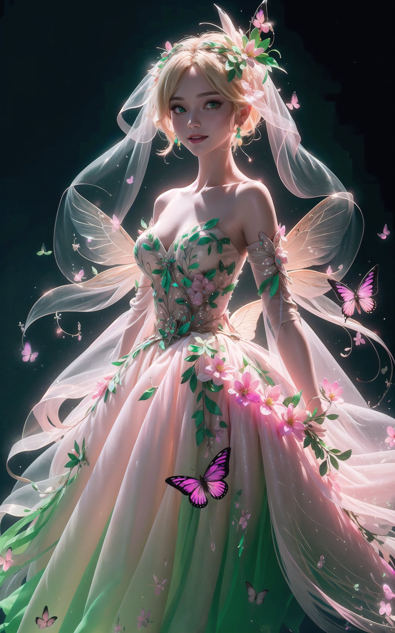 (Masterpiece,  best quality),  top quality,  digital illustration,  (8k),  insanely detailed,  (fodress),  goldilocks hair,  leaf,  veil,  (hair ornament:1.2),  iridescet,  pink dress,  hyperrealistic,  film grain,  detatched sleeves,  short dress,  (blonde hair:1.1),  (evening gown),  butterfly wings,  transparent wings,  strapless dress,  glitter,  shimmer,  (floral print:1.1),  (perfect female figure:1.1),  mature female,  very long hair,  glowing,  1girl,  see-through,  smile,  (detailed face,  detailed eyes:1.2),  looking at viewer,  (deep depth of field:1.2),  sharp focus,  dyamic osture,  dancing,  cowboy shot,  (intricate details:1.2),  dynamic,  graphite (medium,  gradient dress,  (pink and green theme:1.2),  black trim,  beautiful,  stylish,  white trim,  (extremely detailed),  volumetric lighting,  yuzu, FFIXBG, coralinefilm, <lora:EMS-29977-EMS:0.200000>, , <lora:EMS-7851-EMS:0.400000>, , <lora:EMS-27757-EMS:0.400000>, , <lora:EMS-30949-EMS:0.400000>, , <lora:EMS-50984-EMS:0.700000>