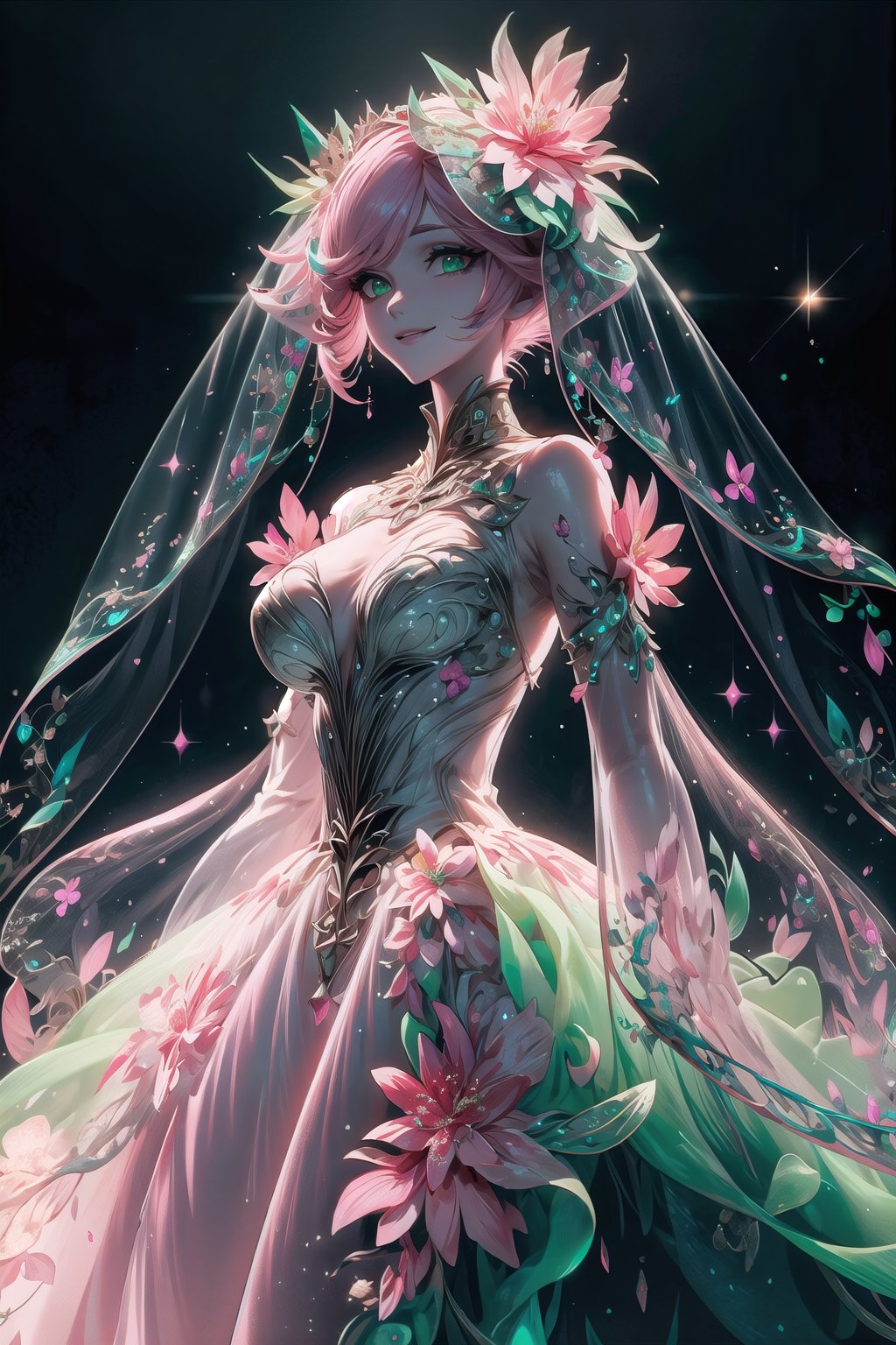 (Masterpiece,  best quality),  top quality,  digital illustration,  (8k),  insanely detailed,  (fodress),  pixie haircut,  (see-through dress),  leaf,  veil,  (hair ornament:1.2),  iridescet,  pink dress,  hyperrealistic,  film grain,  detatched sleeves,  dress,  (pink hair:1.1),  (evening gown),  glitter,  shimmer,  (floral print:1.1),  (perfect female figure:1.1),  mature female,  very long hair,  glowing,  1girl,  see-through,  smile,  (detailed face,  detailed eyes:1.2),  looking at viewer,  (deep depth of field:1.2),  sharp focus,  dyamic osture,  dancing,  cowboy shot,  (intricate details:1.2),  dynamic,  graphite (medium,  gradient dress,  (pink and green theme:1.2),  black trim,  beautiful,  stylish,  white trim,  (extremely detailed),  volumetric lighting,  yuzu, FFIXBG, coralinefilm, stop motion, <lora:EMS-29977-EMS:0.200000>, , <lora:EMS-7851-EMS:0.400000>, , <lora:EMS-27757-EMS:0.400000>, , <lora:EMS-30949-EMS:0.400000>, , <lora:EMS-50984-EMS:0.800000>