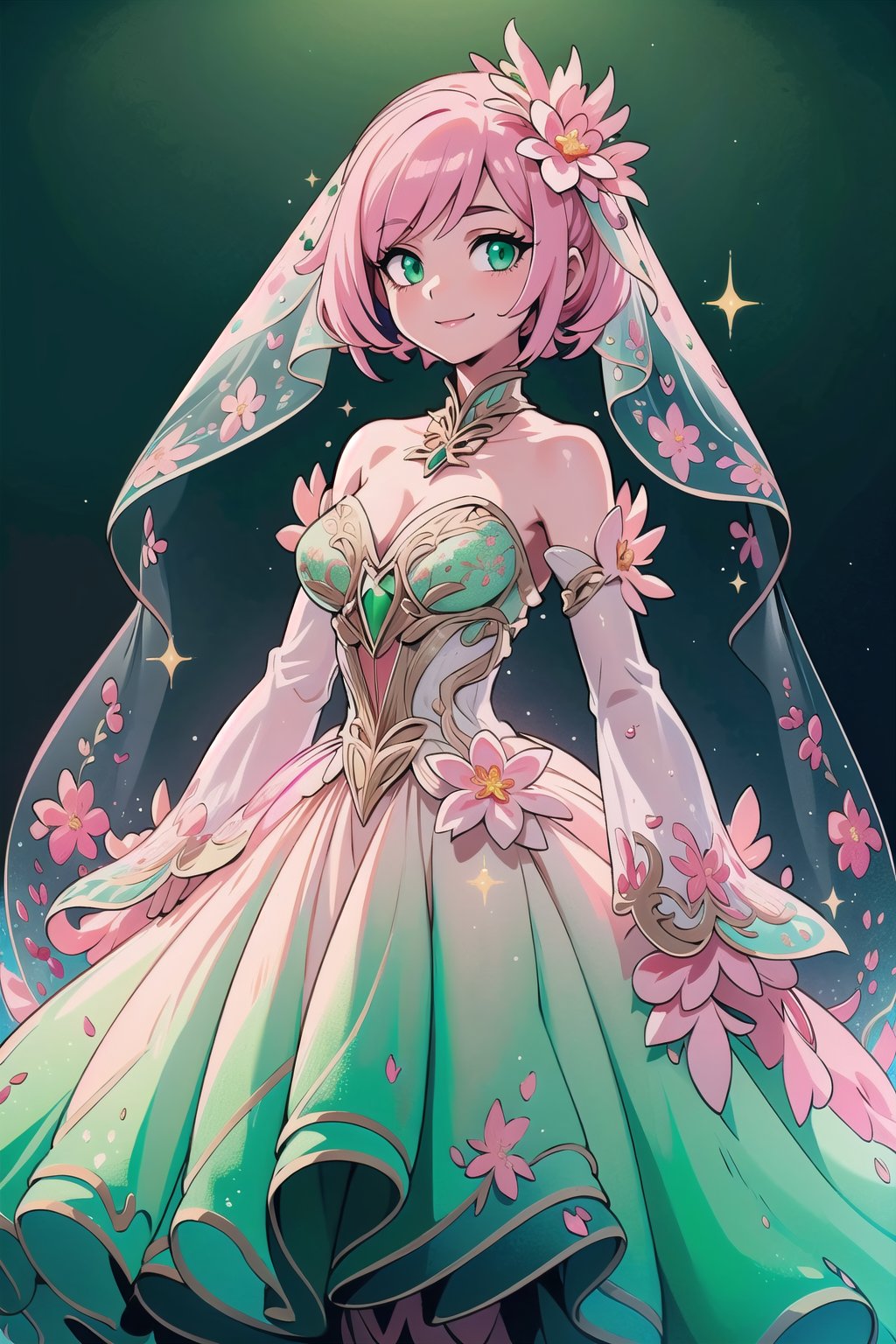 (Masterpiece,  best quality),  top quality,  digital illustration,  (8k),  insanely detailed,  (fodress),  goldilocks hair,  (see-through dress),  leaf,  veil,  (hair ornament:1.2),  iridescet,  pink dress,  hyperrealistic,  film grain,  detatched sleeves,  dress,  (pink hair:1.1),  (evening gown),  glitter,  shimmer,  (floral print:1.1),  (perfect female figure:1.1),  mature female,  very long hair,  glowing,  1girl,  see-through,  smile,  (detailed face,  detailed eyes:1.2),  looking at viewer,  (deep depth of field:1.2),  sharp focus,  dyamic osture,  dancing,  cowboy shot,  (intricate details:1.2),  dynamic,  graphite (medium,  gradient dress,  (pink and green theme:1.2),  black trim,  beautiful,  stylish,  white trim,  (extremely detailed),  volumetric lighting,  yuzu, FFIXBG, coralinefilm, stop motion, <lora:EMS-50984-EMS:0.800000>, , <lora:EMS-29977-EMS:0.200000>, , <lora:EMS-7851-EMS:0.400000>, , <lora:EMS-27757-EMS:0.400000>, , <lora:EMS-30949-EMS:0.400000>