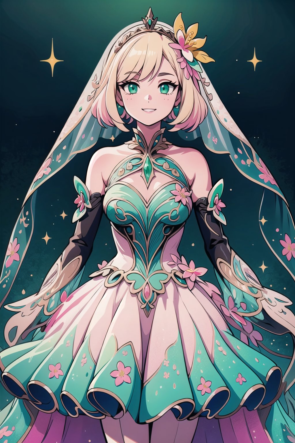 (Masterpiece,  best quality),  top quality,  digital illustration,  (8k),  insanely detailed,  (fodress),  goldilocks hair,  (see-through dress),  leaf,  veil,  (hair ornament:1.2),  iridescet,  pink dress,  hyperrealistic,  film grain,  detatched sleeves,  short dress,  (blonde hair:1.1),  (evening gown),  glitter,  shimmer,  (floral print:1.1),  (perfect female figure:1.1),  mature female,  very long hair,  glowing,  1girl,  see-through,  smile,  (detailed face,  detailed eyes:1.2),  looking at viewer,  (deep depth of field:1.2),  sharp focus,  dyamic osture,  dancing,  cowboy shot,  (intricate details:1.2),  dynamic,  graphite (medium,  gradient dress,  (pink and green theme:1.2),  black trim,  beautiful,  stylish,  white trim,  (extremely detailed),  volumetric lighting,  yuzu, FFIXBG, coralinefilm, stop motion, <lora:EMS-50984-EMS:0.800000>, , <lora:EMS-29977-EMS:0.200000>, , <lora:EMS-7851-EMS:0.400000>, , <lora:EMS-27757-EMS:0.400000>, , <lora:EMS-30949-EMS:0.400000>