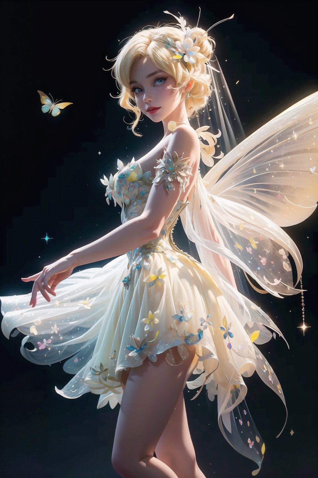 (Masterpiece,  best quality),  top quality,  digital illustration,  (8k),  insanely detailed,  (fodress),  goldilocks hair,  leaf,  veil,  (hair ornament:1.2),  iridescet,  hyperrealistic,  film grain,  detatched sleeves,  short dress,  (blonde hair:1.1),  (evening gown),  butterfly wings,  transparent wings,  strapless dress,  glitter,  shimmer,  (floral print:1.1),  (perfect female figure:1.1),  mature female,  very long hair,  glowing,  1girl,  see-through,  smile,  (detailed face,  detailed eyes:1.2),  looking at viewer,  (deep depth of field:1.2),  sharp focus,  dyamic osture,  dancing,  cowboy shot,  (intricate details:1.2),  dynamic,  graphite (medium,  gradient dress,  (yellow and white theme:1.2),  black trim,  beautiful,  stylish,  white trim,  (extremely detailed),  volumetric lighting,  yuzu, FFIXBG, TinkerWaifu, <lora:EMS-5804-EMS:0.600000>, , <lora:EMS-50984-EMS:0.700000>, , <lora:EMS-29977-EMS:0.200000>, , <lora:EMS-7851-EMS:0.400000>, , <lora:EMS-27757-EMS:0.400000>