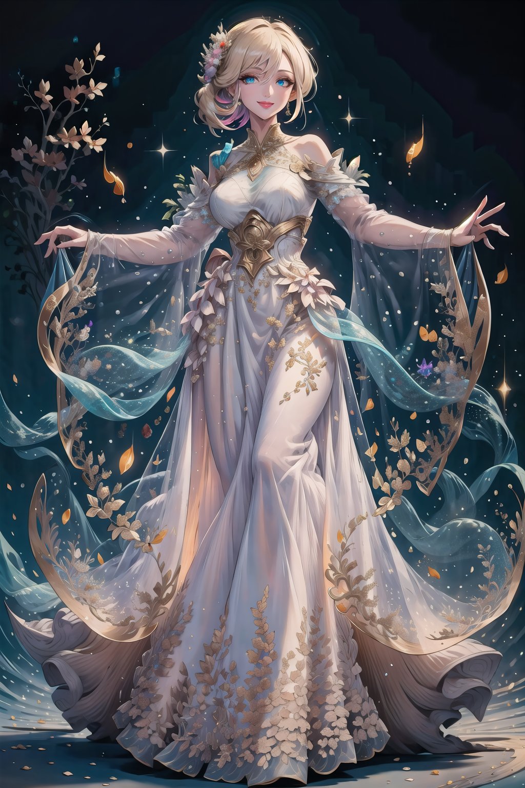 (Masterpiece,  best quality),  top quality,  digital illustration,  (8k),  insanely detailed,  (fodress,  fiber optic dress,  glowing:1.2),  1girl,  see-through sleeves,  smile,  (detailed face,  detailed eyes:1.2),  looking at viewer,  dancing,  full body,  (intricate details:1.2),  dynamic,  (gradient dress,  multicolored dress:1.2),  beautiful,  stylish,  extremely detailed,  volumetric lighting, <lora:EMS-50984-EMS:0.700000>, , <lora:EMS-47255-EMS:0.700000>