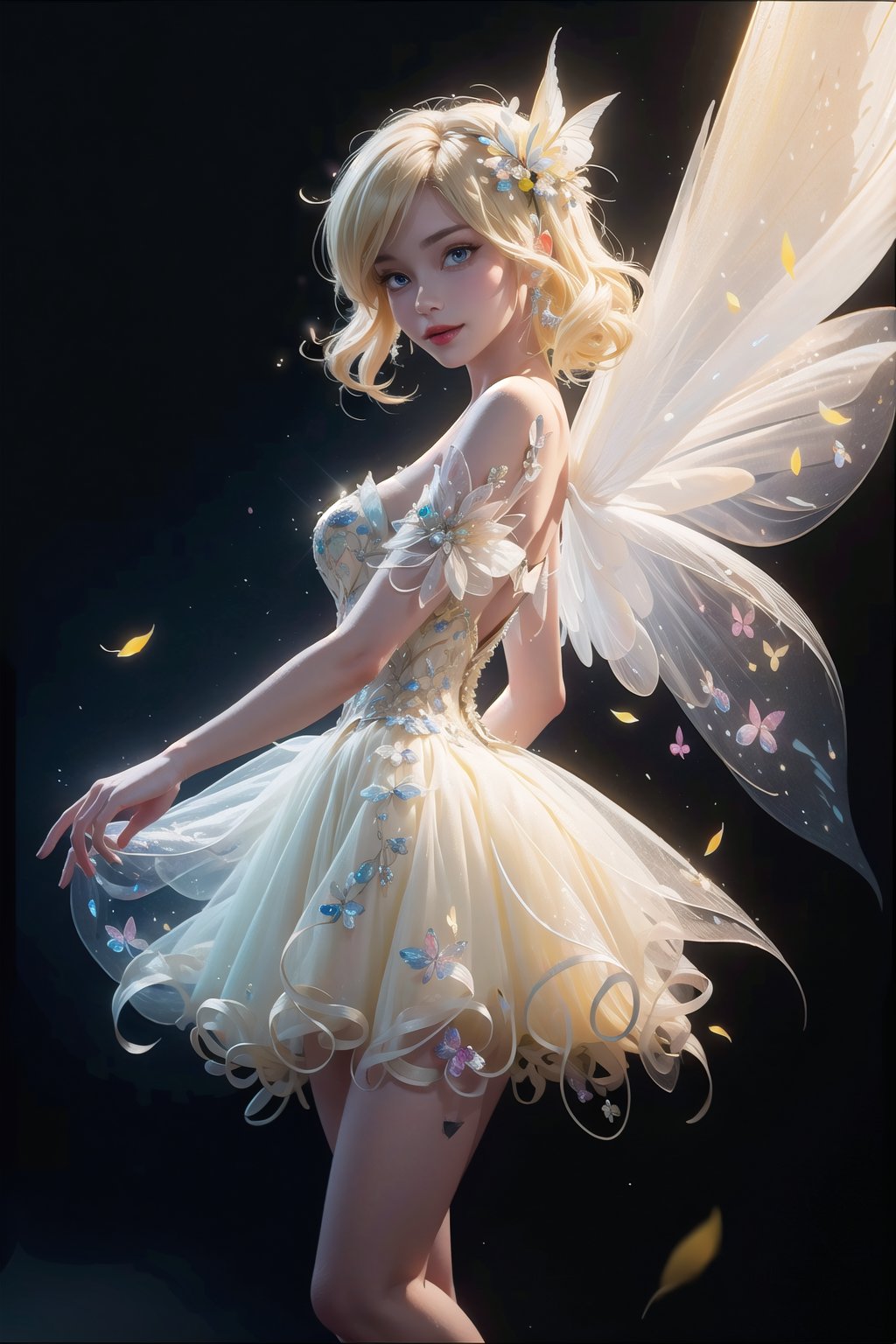 (Masterpiece,  best quality),  top quality,  digital illustration,  (8k),  insanely detailed,  (fodress),  goldilocks hair,  leaf,  veil,  (hair ornament:1.2),  iridescet,  hyperrealistic,  film grain,  detatched sleeves,  short dress,  (blonde hair:1.1),  (evening gown),  butterfly wings,  transparent wings,  strapless dress,  glitter,  shimmer,  (floral print:1.1),  (perfect female figure:1.1),  mature female,  very long hair,  glowing,  1girl,  see-through,  smile,  (detailed face,  detailed eyes:1.2),  looking at viewer,  (deep depth of field:1.2),  sharp focus,  dyamic osture,  dancing,  cowboy shot,  (intricate details:1.2),  dynamic,  graphite (medium,  gradient dress,  (yellow and white theme:1.2),  black trim,  beautiful,  stylish,  white trim,  (extremely detailed),  volumetric lighting,  yuzu, FFIXBG, TinkerWaifu, <lora:EMS-50984-EMS:0.700000>, , <lora:EMS-29977-EMS:0.200000>, , <lora:EMS-7851-EMS:0.400000>, , <lora:EMS-27757-EMS:0.400000>, , <lora:EMS-5804-EMS:0.600000>