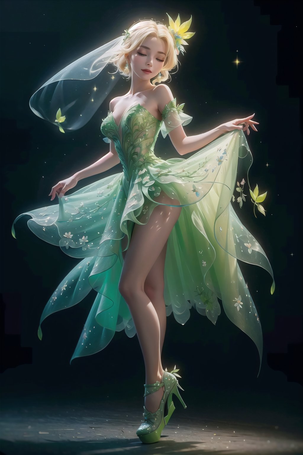 (Masterpiece,  best quality),  top quality,  digital illustration,  (8k),  insanely detailed,  (fodress),  goldilocks hair,  leaf,  veil,  (hair ornament:1.2),  iridescet,  hyperrealistic,  film grain,  detatched sleeves,  short dress,  (blonde hair:1.1),  (evening gown),  strapless dress,  glitter,  shimmer,  (floral print:1.1),  (perfect female figure:1.1),  mature female,  half-closed eyes,  (expressive,  dynamic scene:1.1),  wind lift,  very long hair,  glowing,  1girl,  see-through,  smile,  (detailed face,  detailed eyes:1.2),  looking at viewer,  (deep depth of field:1.2),  sharp focus,  dyamic osture,  dancing,  cowboy shot,  (intricate details:1.2),  leg lift,  one leg up,  standing,  dynamic,  graphite (medium,  gradient dress,  (green and yellow theme:1.2),  beautiful,  stylish,  white trim,  (extremely detailed),  volumetric lighting,  yuzu, FFIXBG, TinkerWaifu, <lora:EMS-7851-EMS:0.400000>, , <lora:EMS-27757-EMS:0.400000>, , <lora:EMS-5804-EMS:0.600000>, , <lora:EMS-50984-EMS:0.700000>, , <lora:EMS-29977-EMS:0.200000>