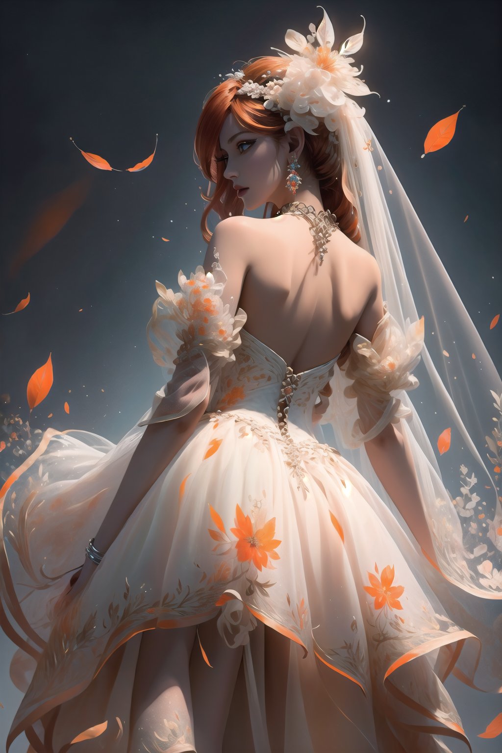 (Masterpiece,  best quality),  top quality,  digital illustration,  (8k),  insanely detailed,  (fodress),  very long hair,  leaf print,  veil,  (hair ornament:1.2),  , (tenma),  detatched sleeves,  short dress,  lipstick,  bangle,  (orange  hair:1.1),  orange eyes,  (leaning back,  crossed arms),  serious,  cool, + ;o,  (jewelry,  earrings),  (evening gown),  strapless dress,  glitter,  shimmer,  (floral print:1.1),  (perfect female figure:1.1),  mature female,  half-closed eyes,  (expressive,  dynamic scene:1.1),  wind lift,  long hair,  glowing,  1girl,  see-through,  (detailed face,  detailed eyes:1.2),  looking at viewer,  (deep depth of field:1.2),  sharp focus,  dyamic osture,  dancing,  cowboy shot,  (intricate details:1.2),  leg lift,  one leg up,  standing,  dynamic,  graphite (medium,  gradient dress,  beautiful,  stylish,  white trim,  cleavage,  large breasts,  (extremely detailed),  (orange and white theme:1.3),  volumetric lighting,  FFIXBG, yuzu, <lora:EMS-50984-EMS:0.800000>, , <lora:EMS-29977-EMS:0.200000>, , <lora:EMS-7851-EMS:0.400000>, , <lora:EMS-27757-EMS:0.400000>, , <lora:EMS-29828-EMS:0.600000>