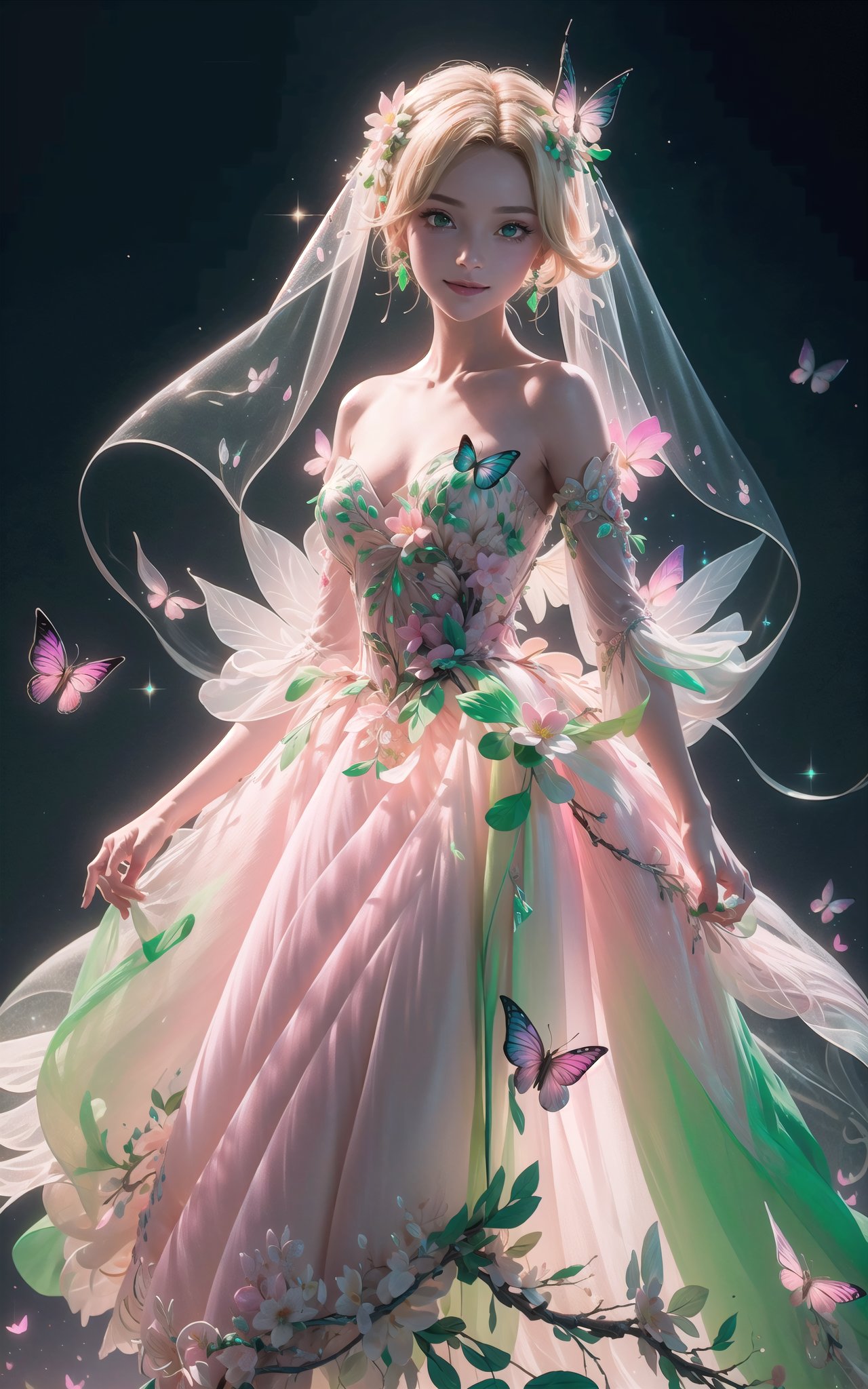 (Masterpiece,  best quality),  top quality,  digital illustration,  (8k),  insanely detailed,  (fodress),  goldilocks hair,  leaf,  veil,  (hair ornament:1.2),  iridescet,  pink dress,  hyperrealistic,  film grain,  detatched sleeves,  short dress,  (blonde hair:1.1),  (evening gown),  butterfly wings,  transparent wings,  strapless dress,  glitter,  shimmer,  (floral print:1.1),  (perfect female figure:1.1),  mature female,  very long hair,  glowing,  1girl,  see-through,  smile,  (detailed face,  detailed eyes:1.2),  looking at viewer,  (deep depth of field:1.2),  sharp focus,  dyamic osture,  dancing,  cowboy shot,  (intricate details:1.2),  dynamic,  graphite (medium,  gradient dress,  (pink and green theme:1.2),  black trim,  beautiful,  stylish,  white trim,  (extremely detailed),  volumetric lighting,  yuzu, FFIXBG, coralinefilm, <lora:EMS-50984-EMS:0.700000>, , <lora:EMS-29977-EMS:0.200000>, , <lora:EMS-7851-EMS:0.400000>, , <lora:EMS-27757-EMS:0.400000>, , <lora:EMS-30949-EMS:0.400000>