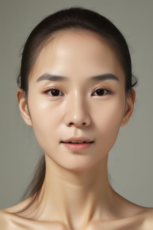 Studio photo, face close-up, Han liona, front view, simple grey background, extremely detailed face and body, fully naked  <lora:liona:1>