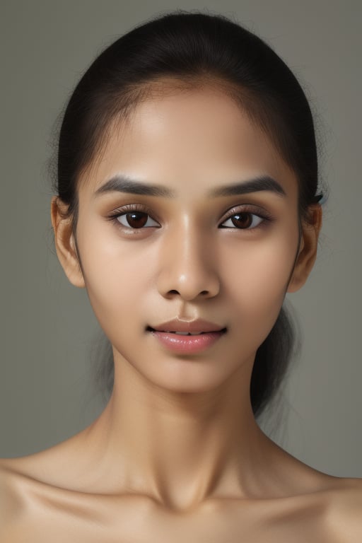 Studio photo, face close-up, Tamil liona, front view, simple grey background, extremely detailed face and body, fully naked  <lora:liona:1>