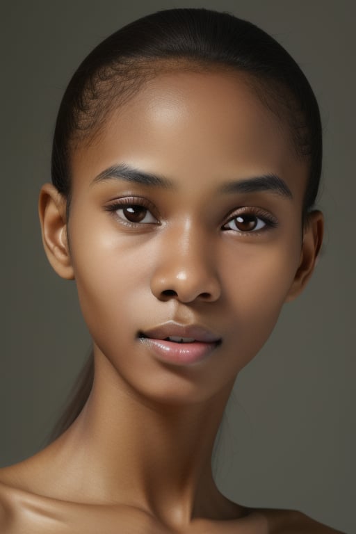 Studio photo, face close-up, portorican liona, extremely dark skin, front view, simple grey background, extremely detailed face and body, fully naked  <lora:liona:1>