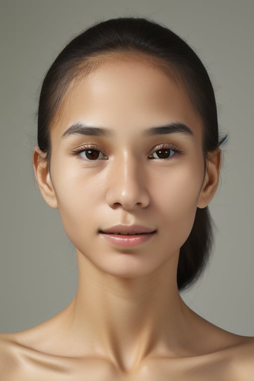 Studio photo, face close-up, Tahitian liona, front view, simple grey background, extremely detailed face and body, fully naked  <lora:liona:1>