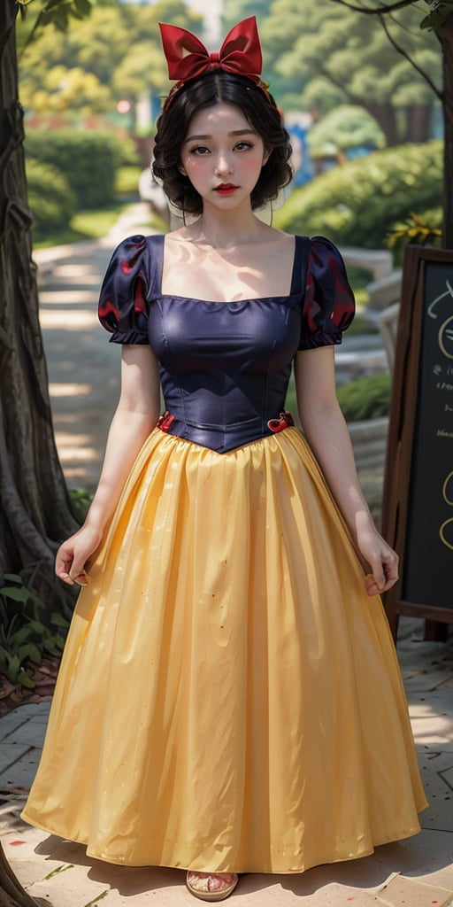 1girl, realistic, solo, snow white ,(masterpiece:1.2), best quality,(sharp_focus),  park, detailed dress, yellow skirt,red bow, snow white,