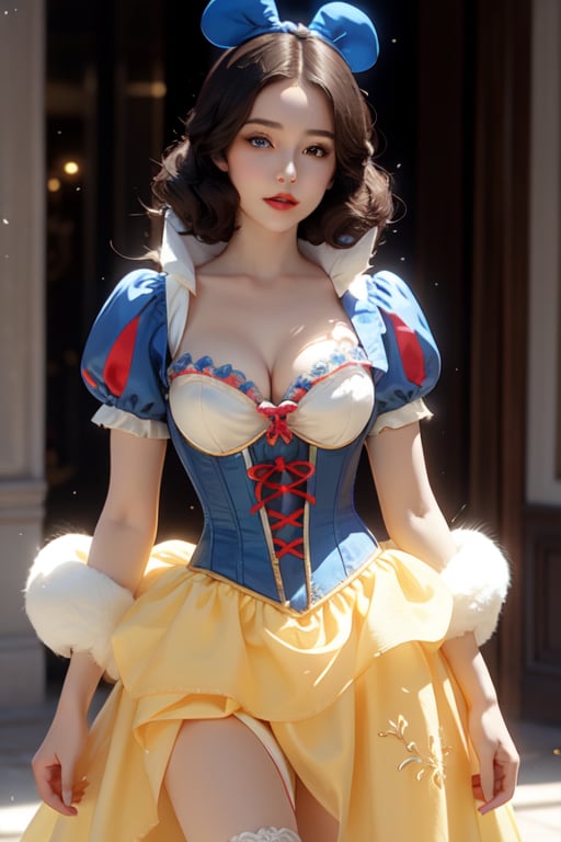 Sexy pinup model, Disney princess snow white, high_res, tight blue corset, , yellow dress,  sexy outfit, make_up, fluffy hair, magical ,snowwhite