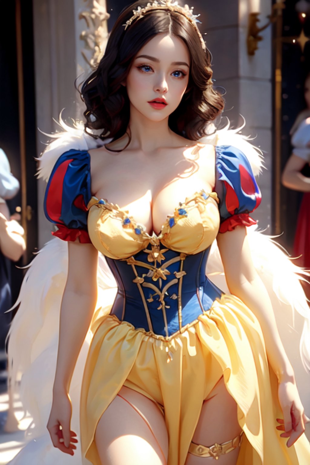 Sexy pinup model, Disney princess snow white, high_res,  detailed eyes, , tight blue corset, , yellow dress,  sexy outfit, fluffy hair, magical ,snowwhite