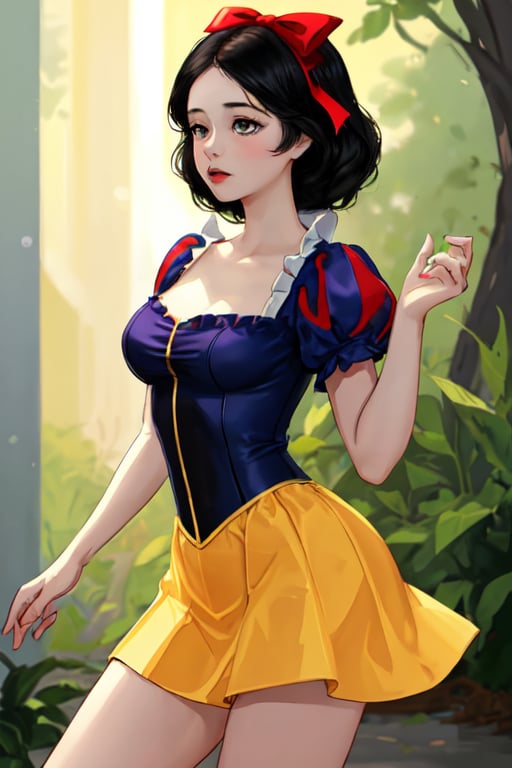 1girl,  solo, snow white ,(masterpiece:1.2), best quality,(sharp_focus),  park, detailed dress, yellow skirt,red bow, snow white, nsfw