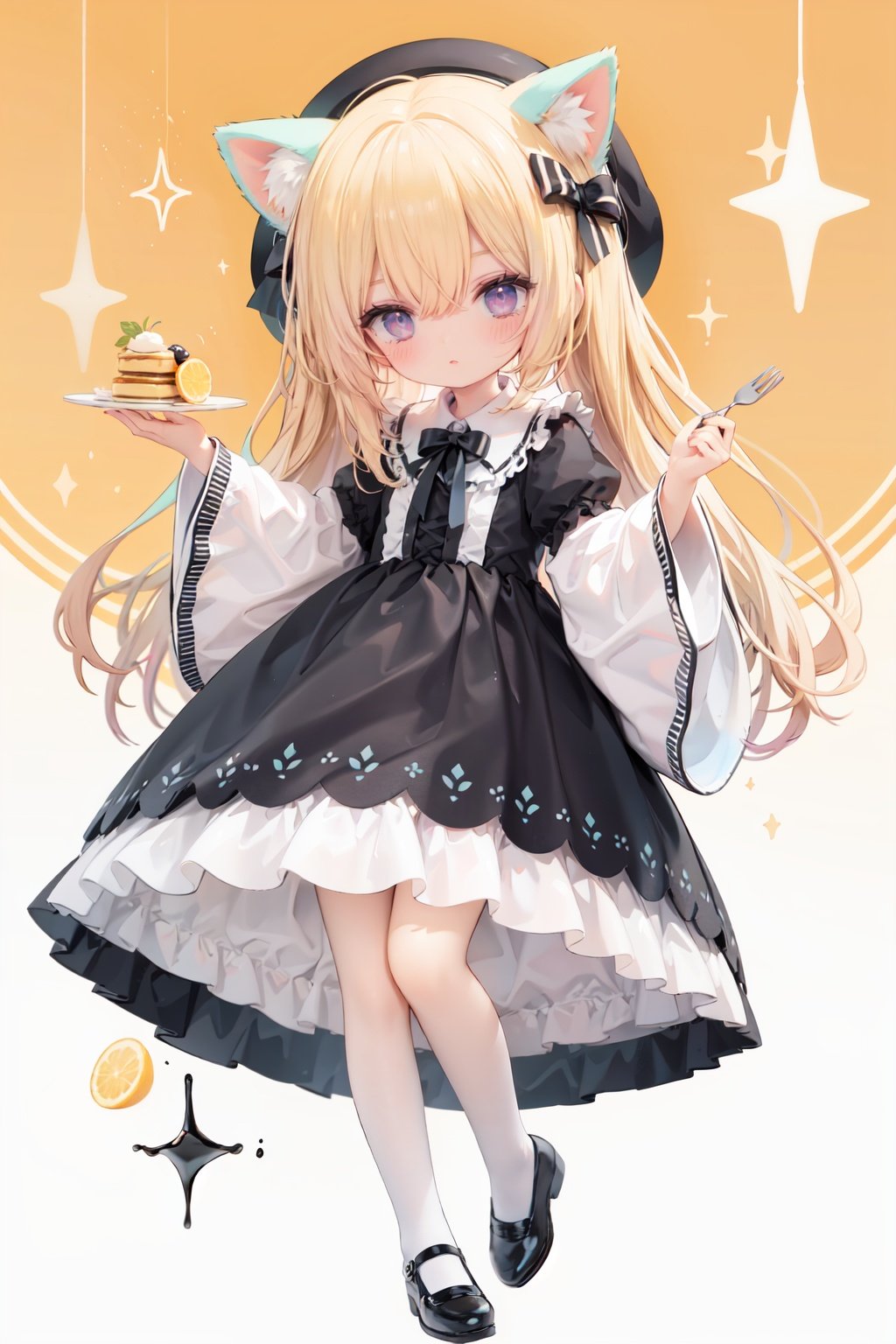 (cinematic lighting),  dreamy atmosphere,  Ray tracing,  (((solo))),  (loli:1.5),  (child:1.5),  (petite:1.5),  green eyes,  (animal ears),  dress,  solo,  food,  blonde hair,  open mouth,  long hair,  pancake,  flower,  holding,  bow,  smile,  fork,  bird,  socks,  looking at viewer,  shoes,  striped background,  holding fork,  bonnet,  striped,  frills,  long sleeves,  :d,  yellow dress,  bangs,  eyebrows visible through hair,  blush,  green nails,  hair bow,  nail polish,  diagonal stripes,  chick,  sparkle,  frilled dress,  orange bow,  fruit,  full body,  :3,  hair between eyes,  green bow,  puffy sleeves,  heart,  lemon,  orange footwear,  animal ear fluff,  white bow,  cat ears,  bobby socks,  orange headwear,  see-through sleeves,  blue background,  striped bow,  hair ornament,  white legwear,  mary janes