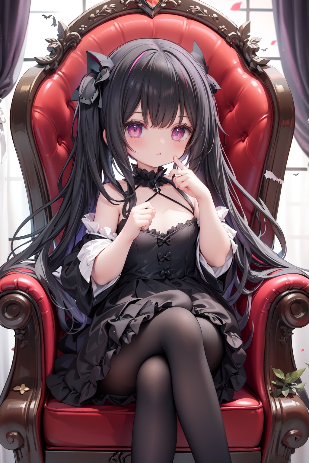 masterpiece, ((best quality)), (ultra-detailed), (illustration), an extremely delicate and beautiful girl, dynamic angle, chromatic aberration, ((colorful)),//,1girls,loli,(petite child:1.1),//,(in Gothic castle),girl with black hair,red eyes,Vertical pupil,long hair,hair arrangement,(Detailed face description),(batwing),(Gothic Lolita),(bat tail),alccandlestick,Cathedral glass,,short skirt,black pantyhose,red lace,high heels,rose tattoo,throne,sitting,crossed legs,//,