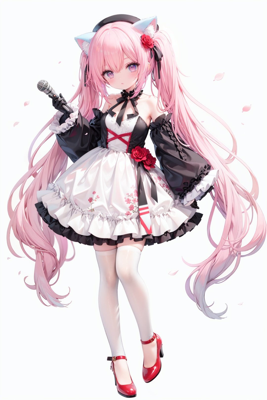 masterpiece, ((best quality)),  dynamic angle, chromatic aberration, ((colorful)),1girl, solo, flower, thighhighs, white thighhighs, gloves, red footwear, long hair, detached sleeves, animal ears, rose, blonde hair, looking at viewer, full body, hat, high heels, petals, dress, standing, twintails, wide sleeves, holding, shoes, frills, red flower, cat ears, bangs, microphone, long sleeves, white flower, hair ornament, white gloves, zettai ryouiki, bare shoulders, pink eyes, frilled dress, small breasts, breasts, closed mouth, skirt, beret, white headwear, very long hair, red eyes, red rose, white dress, blush, ribbon, black gloves, animal ear fluff, hair flower, pink flower