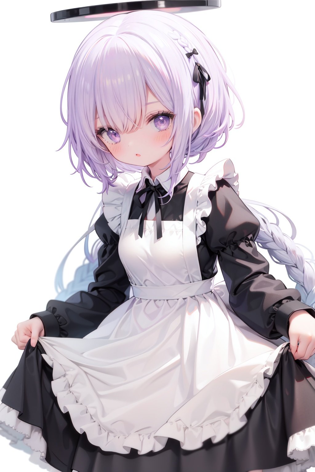 1girl,  solo,  apron,  long hair,  hair over one eye,  white background,  frills,  braid,  halo,  long sleeves,  dress,  simple background,  white hair,  white apron,  puffy sleeves,  very long hair,  frilled apron,  maid,  purple eyes,  ribbon,  parted lips,  maid apron,  bangs,  juliet sleeves,  black dress,  neck ribbon,  looking at viewer,  single braid,  blush