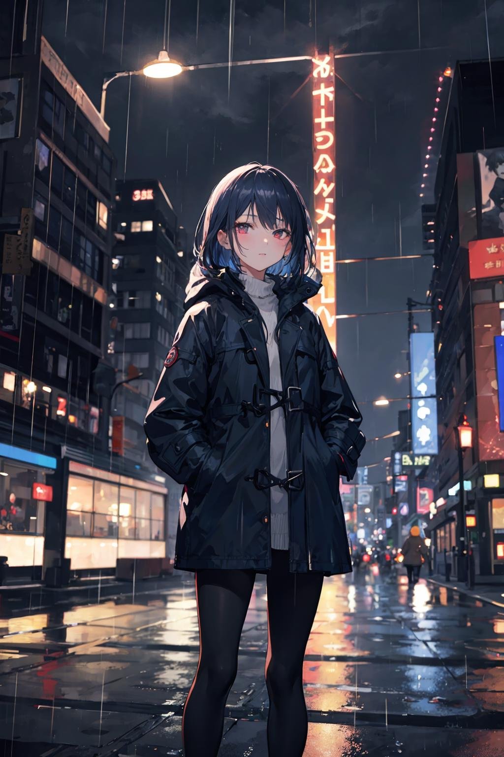 1girl,night city,rain,coat,hands in pockets