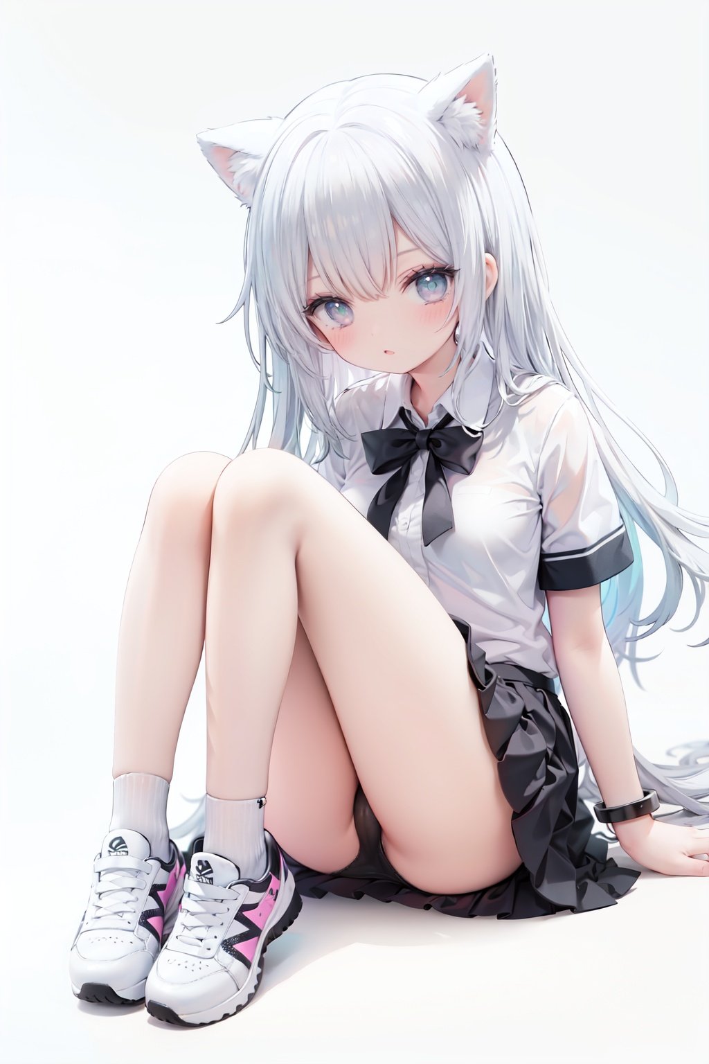 1girl,  solo,  green eyes,  white hair,  sitting,  gradient hair,  embarrassed,  panties,  skirt,  looking at viewer,  black panties,  underwear,  short sleeves,  shoes,  shirt,  white shirt,  gradient background,  jewelry,  blush,  bangs,  bare legs,  knees up,  bracelet,  white skirt,  collared shirt,  pleated skirt,  full body,  pantyshot,  :q,  sidelocks,  sneakers,  white footwear,  colored tips,  legs,  thighs,  closed mouth,  ass,  long hair