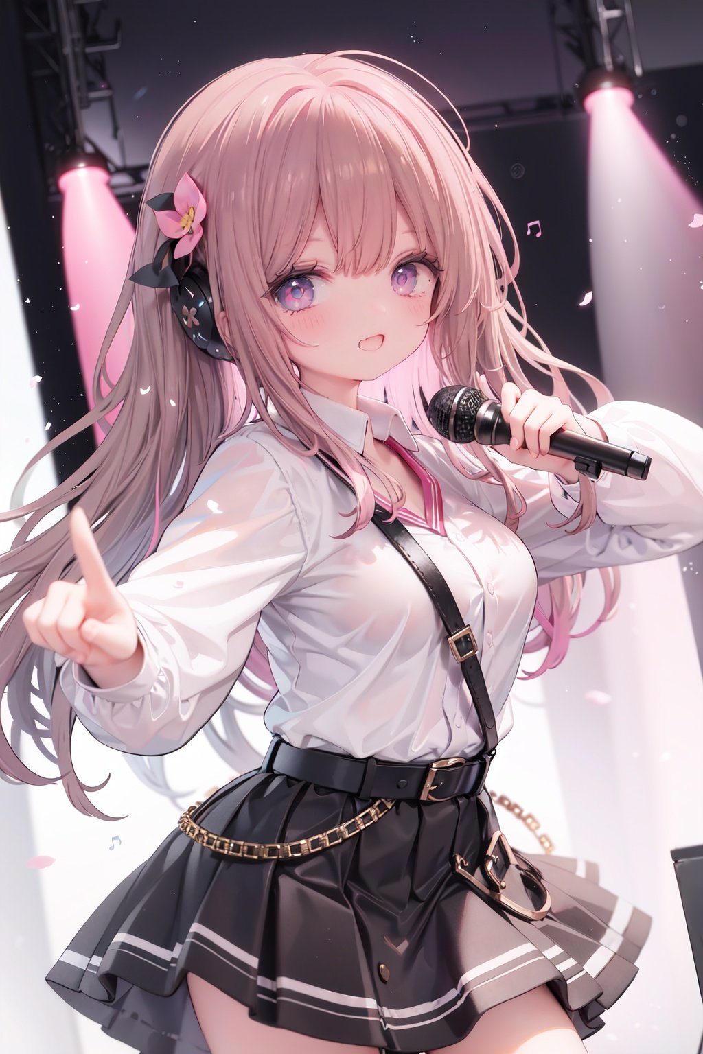 1girl, solo, microphone, smile, skirt, blush, brown eyes, long hair, open mouth, looking at viewer, brown hair, long sleeves, :d, shirt, bangs, belt, breasts, pink shirt, outstretched arm, music, black belt, medium breasts, holding microphone, singing