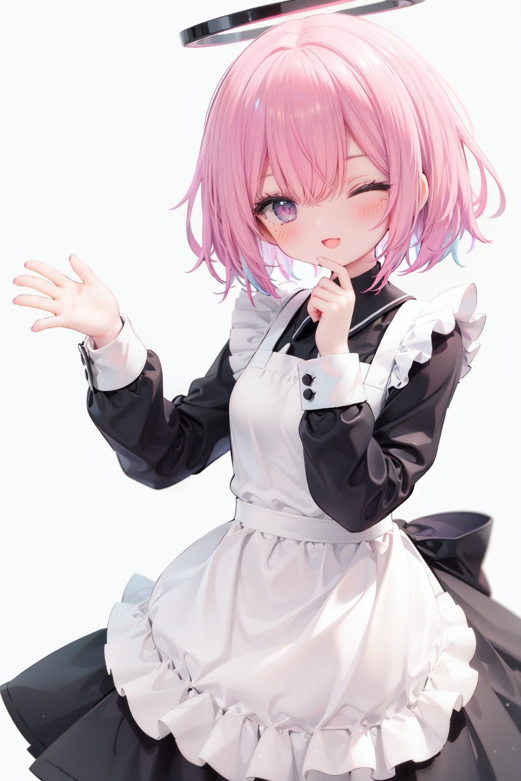 1girl, solo, apron, halo, hair over one eye, closed eyes, smile, white background, dress, white apron, simple background, long sleeves, multicolored hair, braid, open mouth, blue hair, alternate costume, blush, bangs, :d, pink hair, black dress, ribbon, frilled dress, enmaided, short hair, hand up, colored inner hair