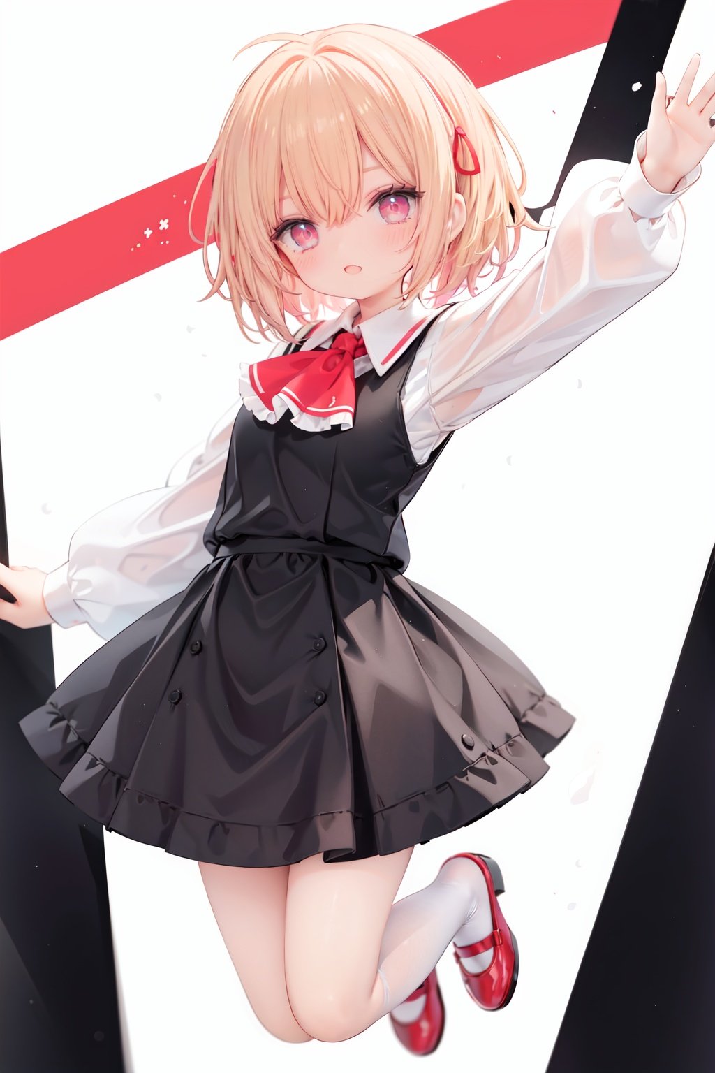 1girl, rumia, blonde hair, solo, white background, red eyes, red footwear, simple background, ascot, short hair, ribbon, open mouth, hair ribbon, smile, long sleeves, shirt, looking at viewer, red ascot, white socks, white shirt, red ribbon, shoes, socks, frills, bangs, outstretched arms, hair between eyes, skirt, :d, dress, vest, mary janes, black dress, black skirt, collared shirt, black vest, blush