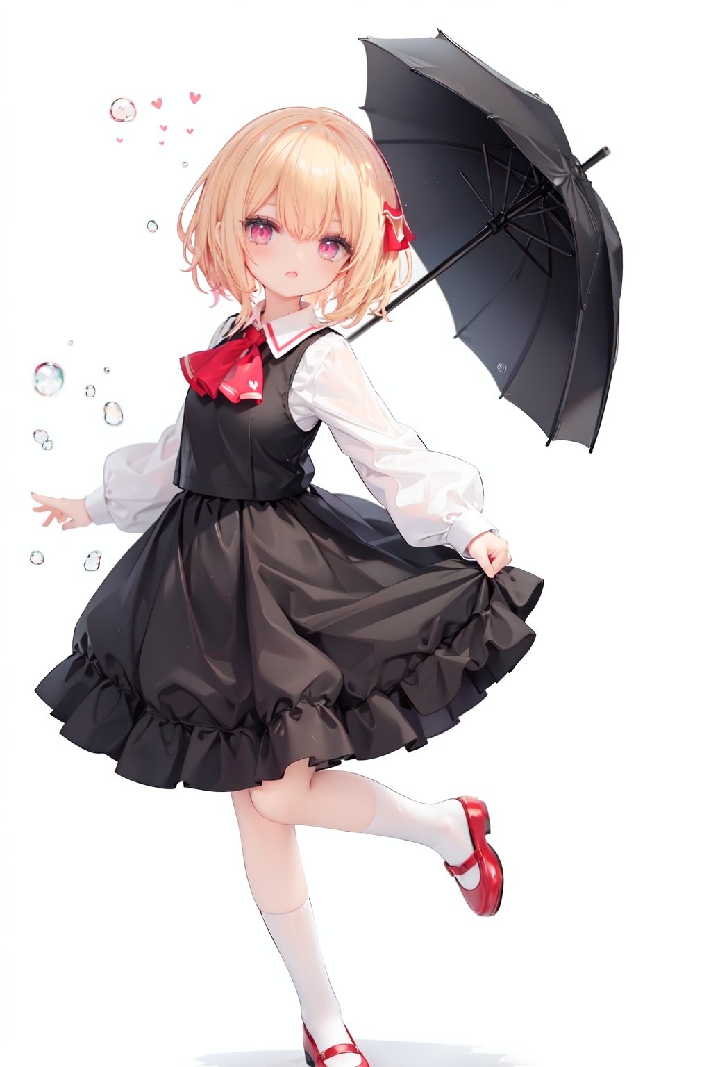 1girl, rumia, blonde hair, solo, white background, red eyes, red footwear, simple background, ascot, short hair, ribbon, open mouth, hair ribbon, smile, long sleeves, shirt, looking at viewer, red ascot, white socks, white shirt, red ribbon, shoes, socks, frills, bangs, outstretched arms, hair between eyes, skirt, :d, dress, vest, mary janes, black dress, black skirt, collared shirt, black vest, blush