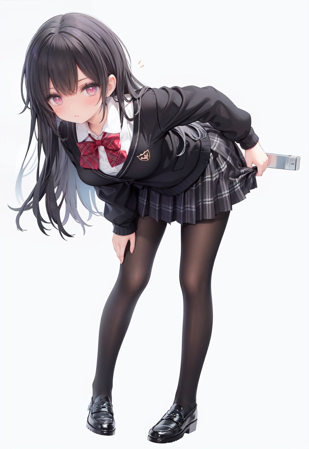 1girl,  solo,  pantyhose,  skirt,  long hair,  loafers,  shoes,  simple background,  school uniform,  brown eyes,  plaid,  black pantyhose,  plaid skirt,  looking at viewer,  black hair,  pantyhose pull,  full body,  clothes pull,  black footwear,  pleated skirt,  leaning forward,  bangs,  long sleeves,  bent over,  cardigan,  bow,  bowtie,  standing,  closed mouth,  pulled by self,  grey background,  blush,  miniskirt,  red bow,  sweater,  undressing