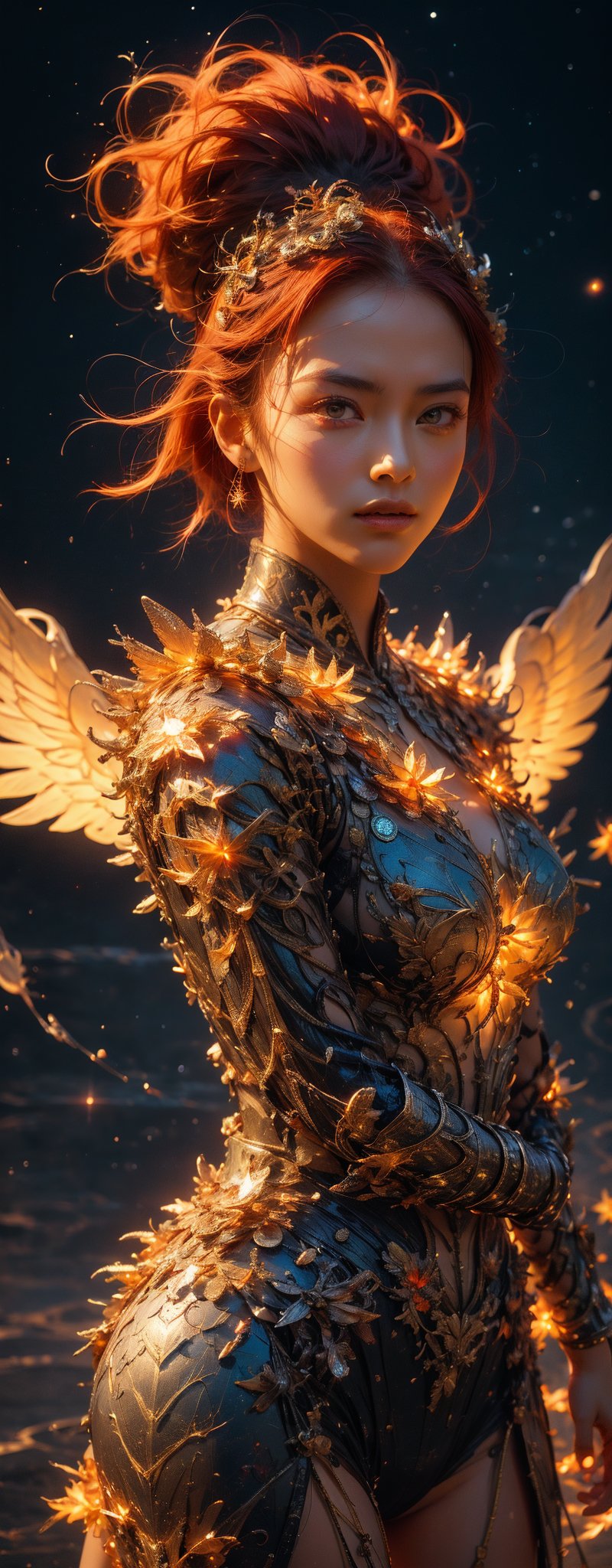 1girl, fiercely lunges towards her enemy, star in eye, blush, perfect illumination, caramel hair styled as short hair, bright red hair, wearing golden headband around the head, star jewel earing, red eyes,  dressed in outfit with outer golden chest armor, beautiful wings, spraying water droplets in all directions, Gorgeous, ethereal aura, ray tracing, sidelighting, detailed face, bangs, bright skin, dreamlike atmosphere, starry nebula background, Sharp glossy focus, equirectangular 360, Highres 8k, extreme detailed, aesthetic, masterpiece, best quality, rich texture, kinetic move effect, colorful,Movie Still,solo,r1ge,