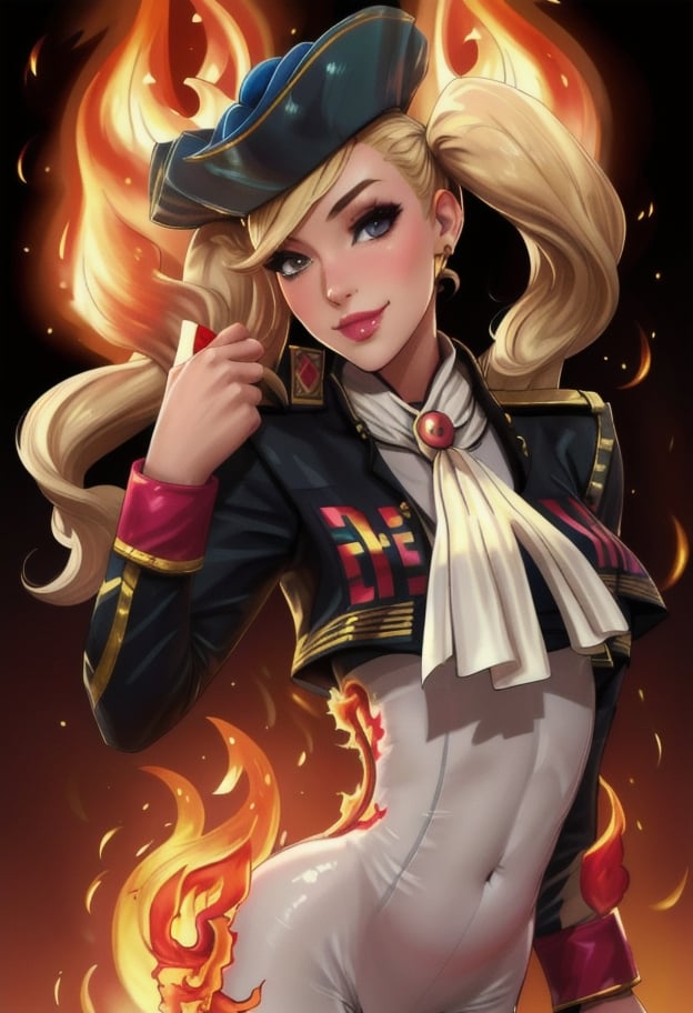 high quality, extremely detailed, perfect face,  <lora:zs_Matador:1> <lora:Ann Takamaki:.6>, matadorsmt, ann_takamaki, blonde twintails, jacket, ascot, hat, large breasts, extremely glossy, tights, seductive smirk, (((flames background)))